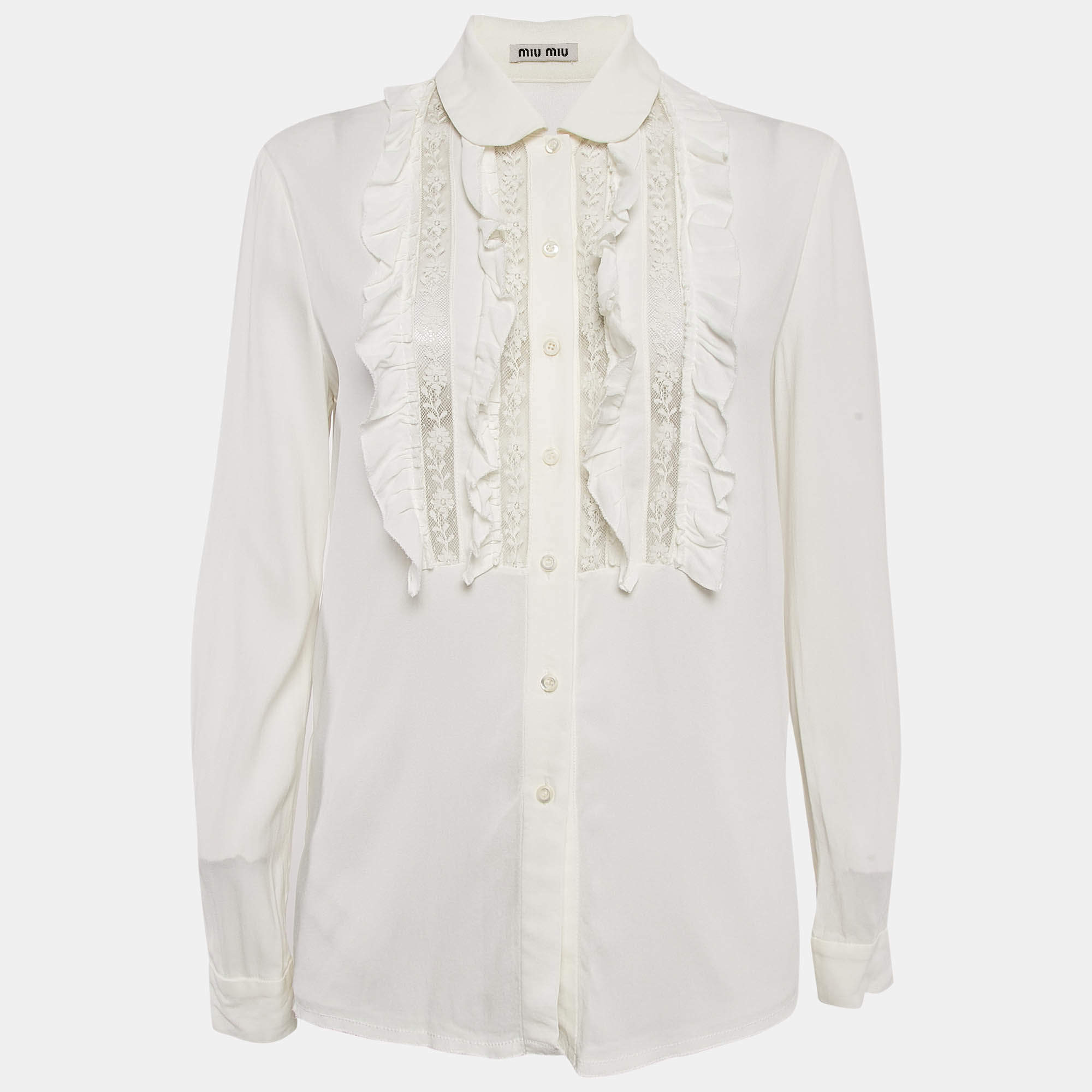 Miu Miu White Crepe Ruffled Lace Trim Detail Blouse S