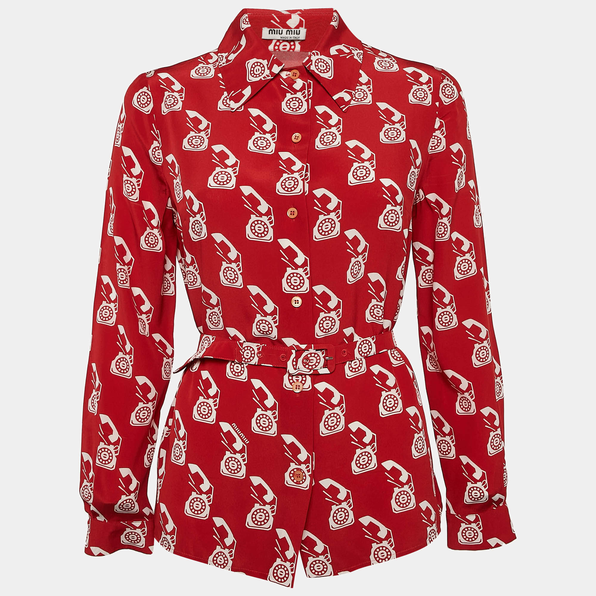 Pre Owned Miu Miu Red Telephone Print Silk Belted Shirt S
