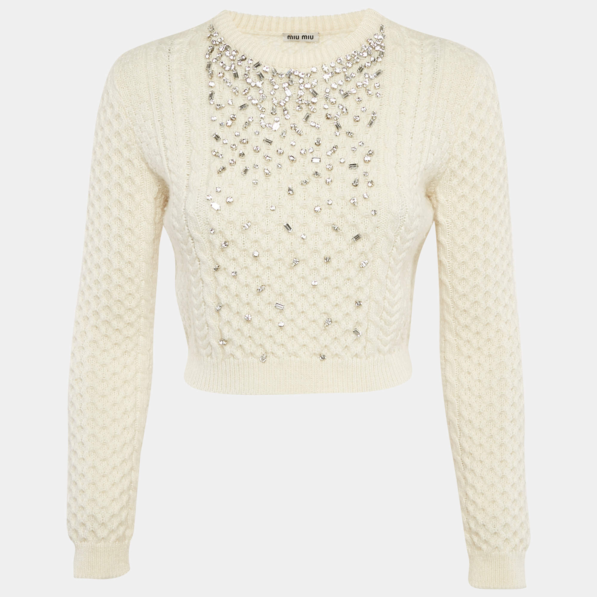 Miu Miu Cream Crystal Embellished Cable Knit Sweater S