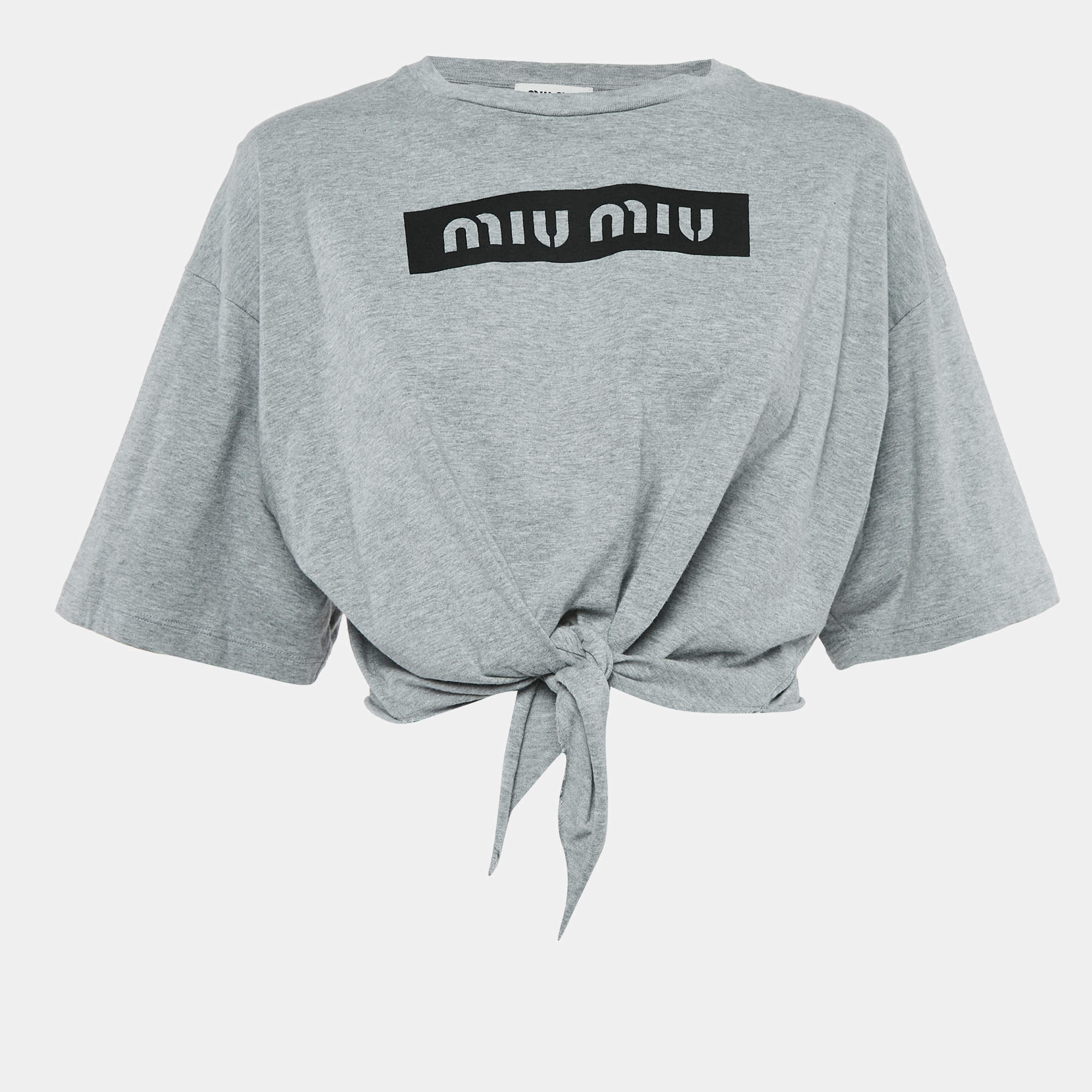 Miu Miu Grey Logo Print Cotton Knotted Crop Top M