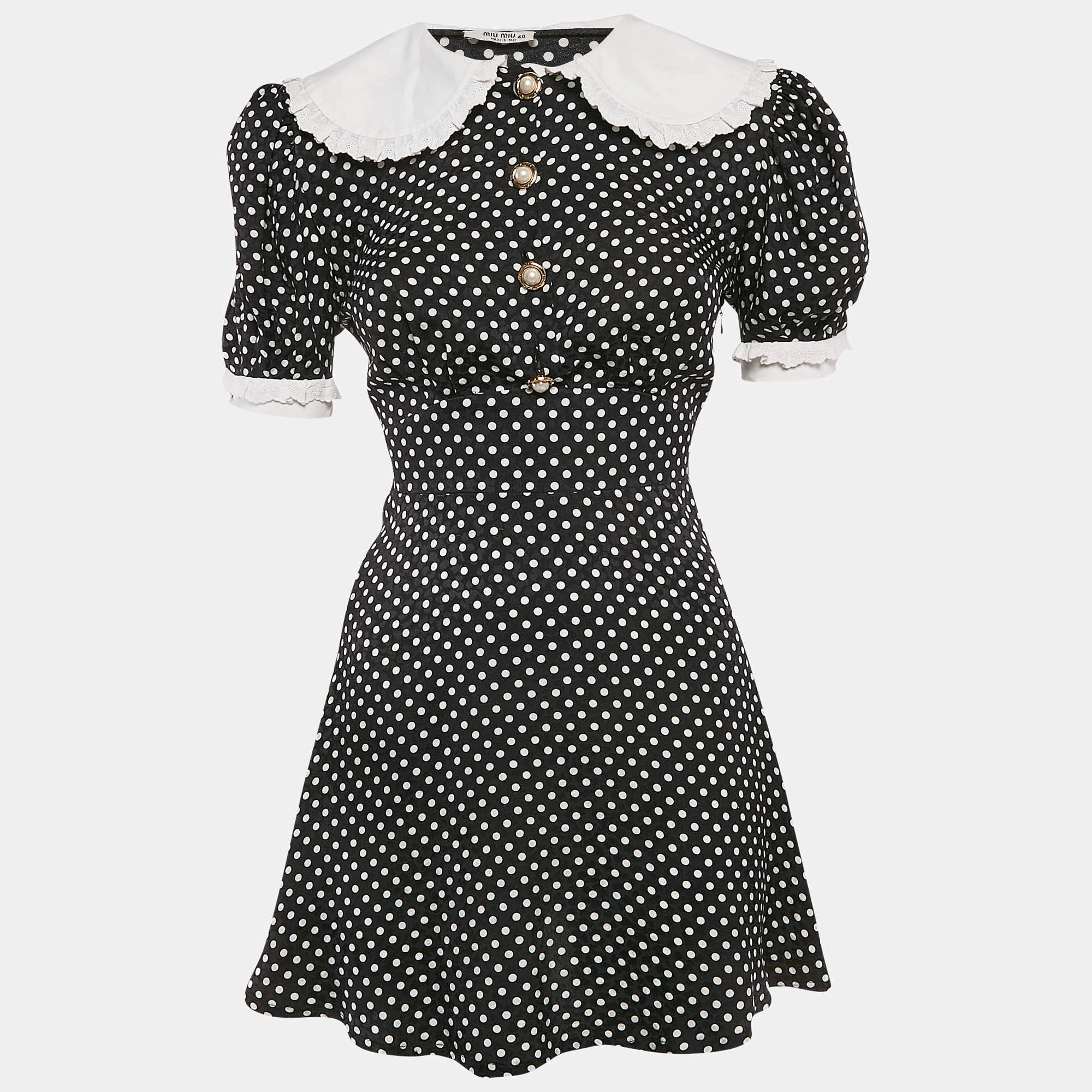 Miu Miu Black Polka Dots Print Satin Peter Pan Collar Mini Dress XS