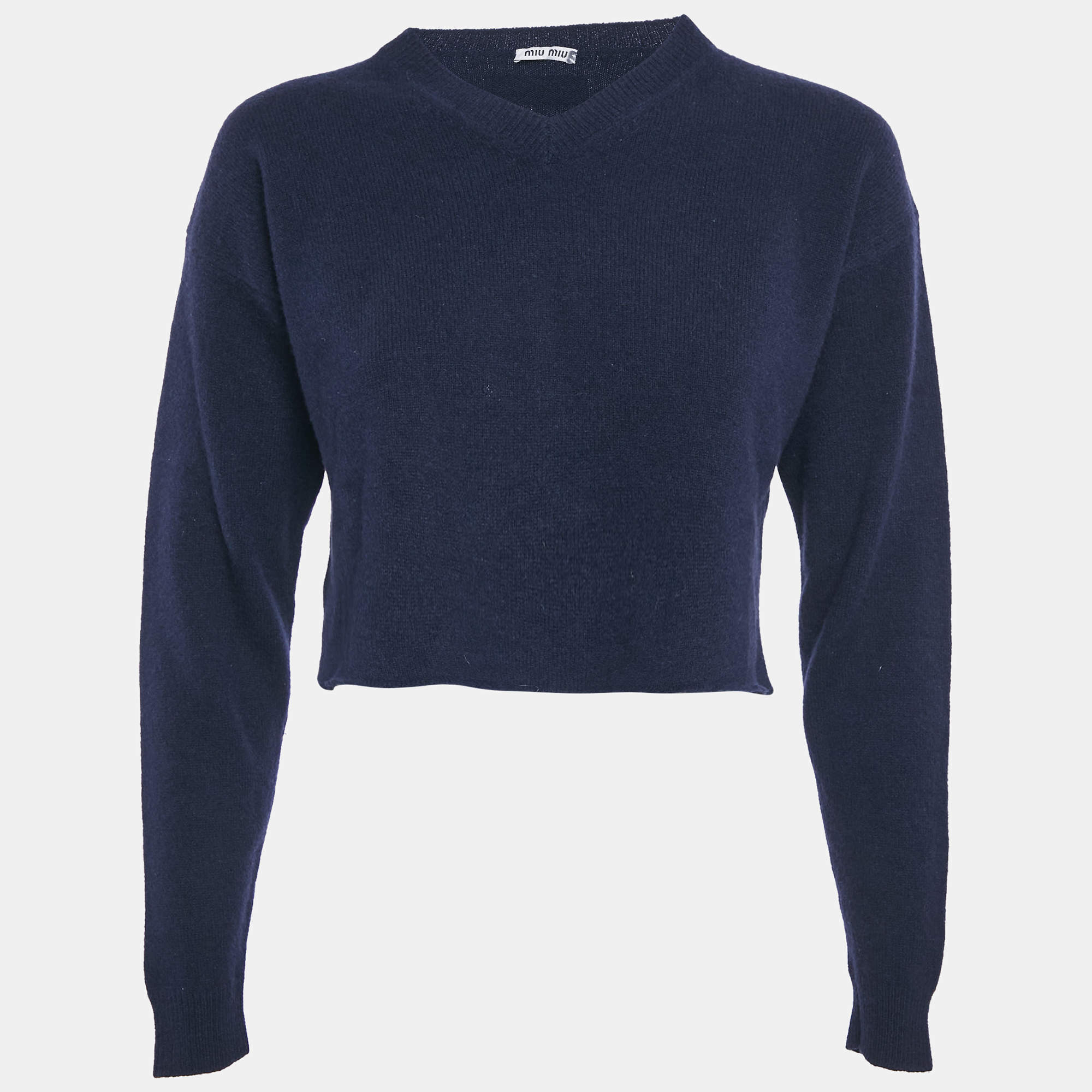 Miu Miu Navy Blue Wool V-Neck Crop Sweater S
