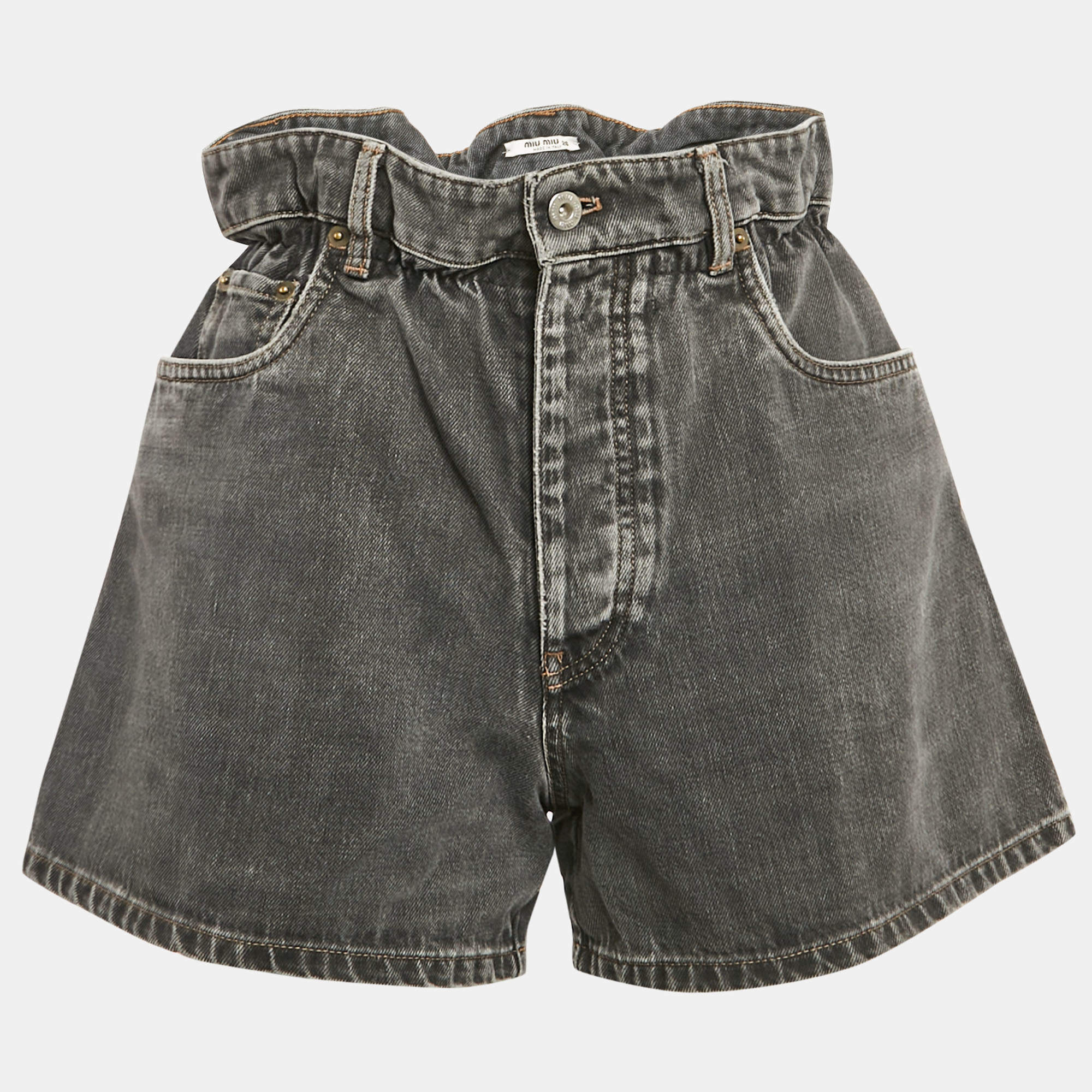 Miu Miu Black washed Denim Elasticized Waist Shorts S Waist 26"