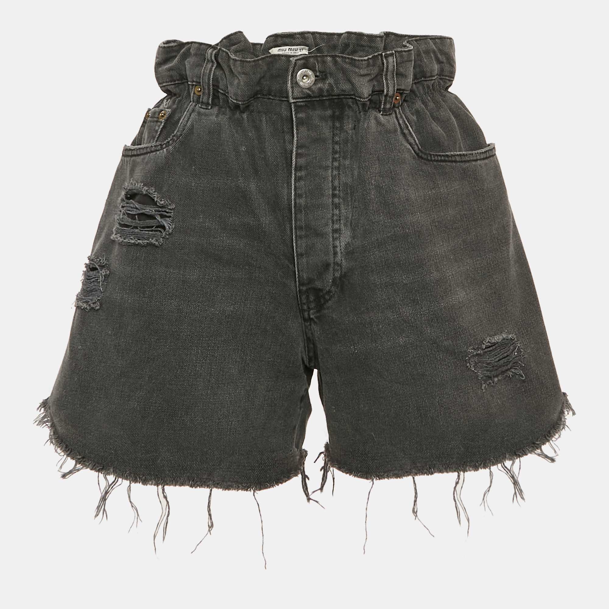 Miu Miu Black Washed Denim Elasticized Waist Shorts S Waist 27"
