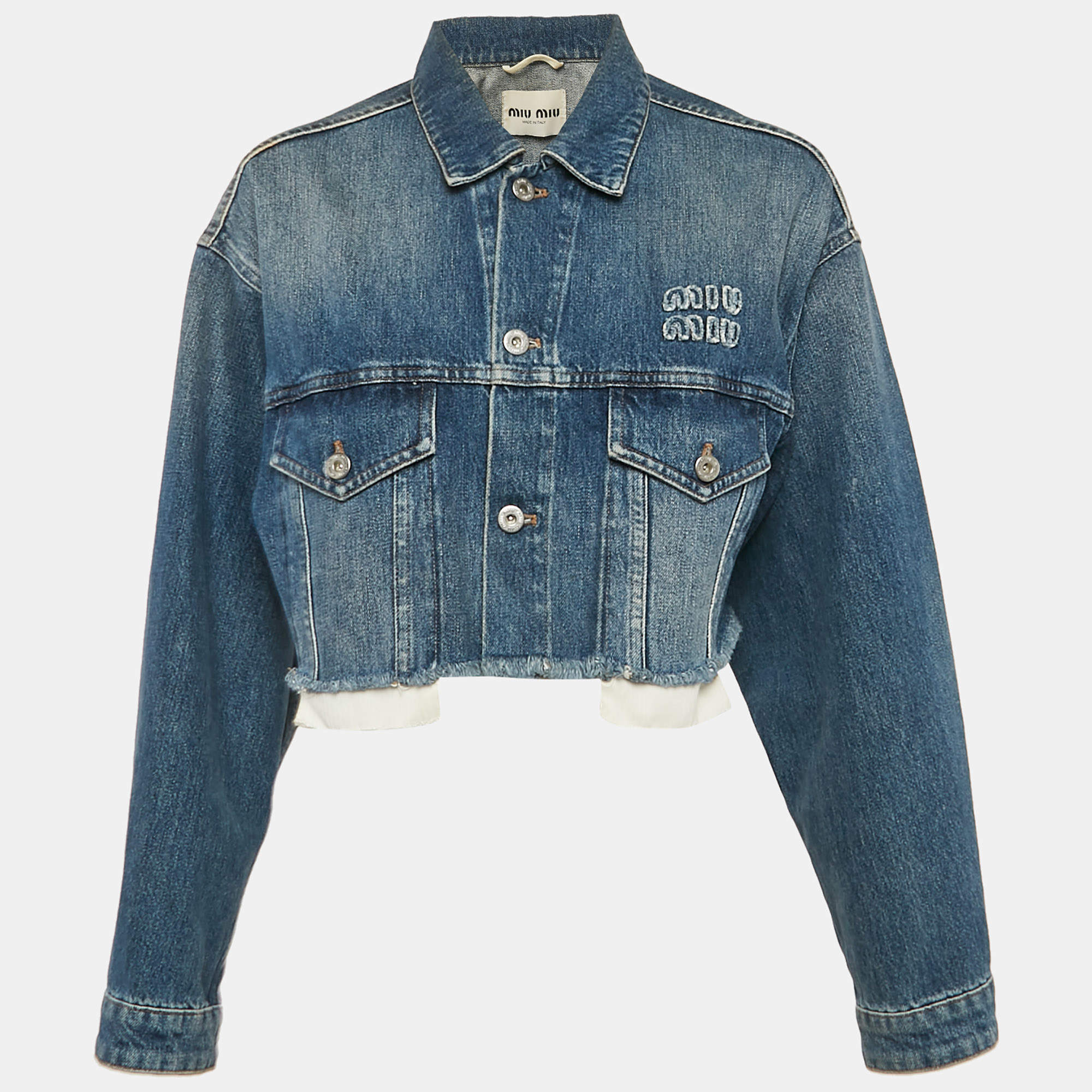 Miu Miu Blue Denim Raw Edge Detail Cropped Jacket S