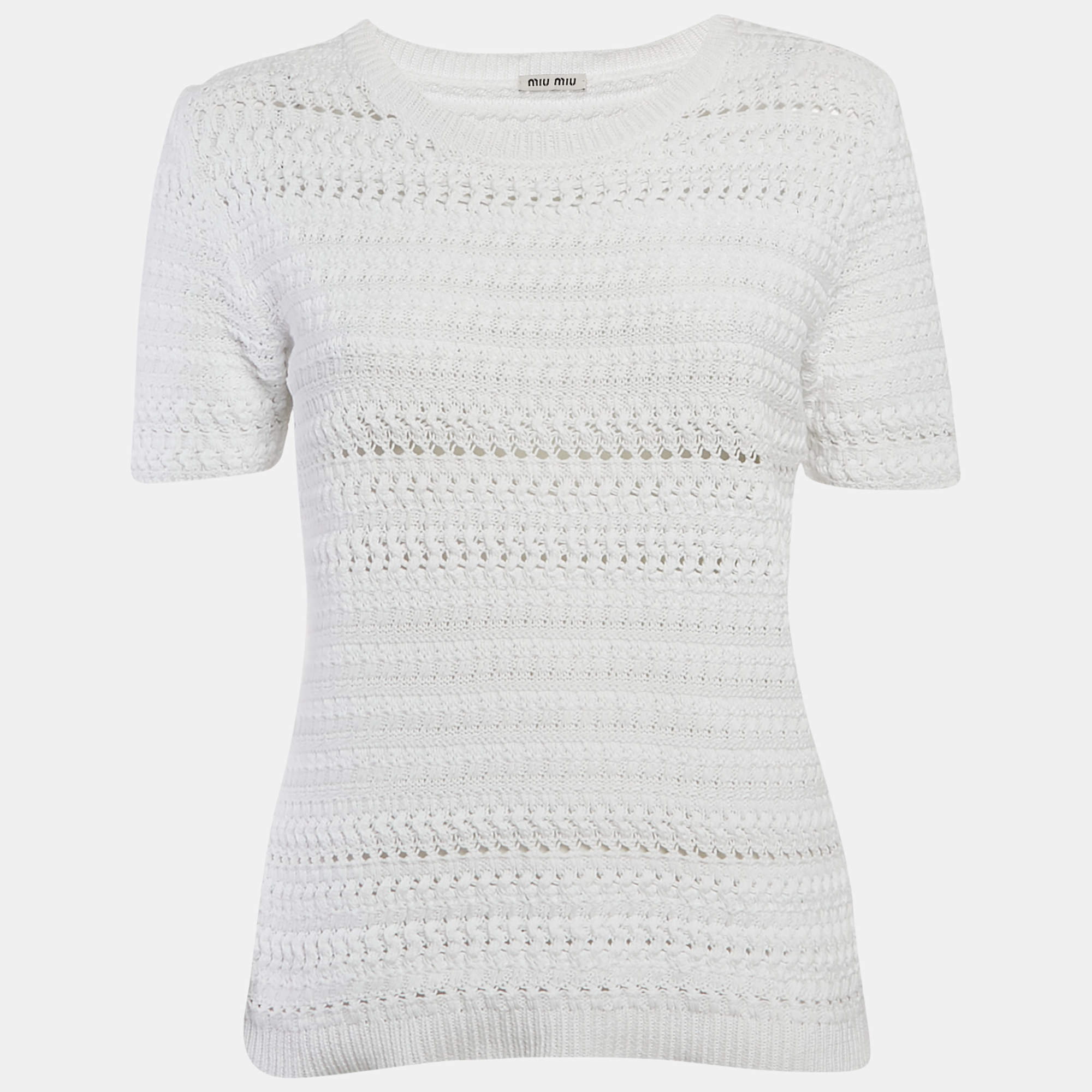Miu Miu White Patterned Knit Round Neck Top M