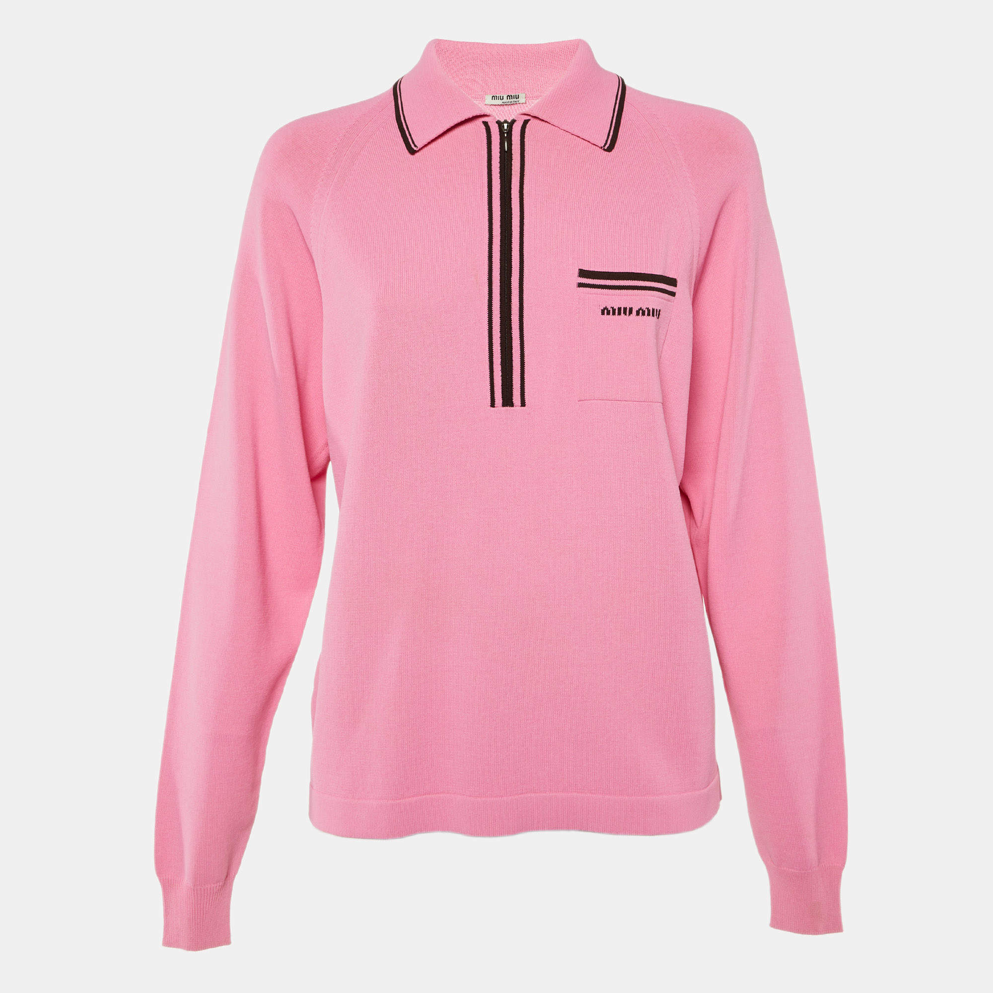 Miu Miu Pink Knit Logo Pocket Detail Polo Jumper S