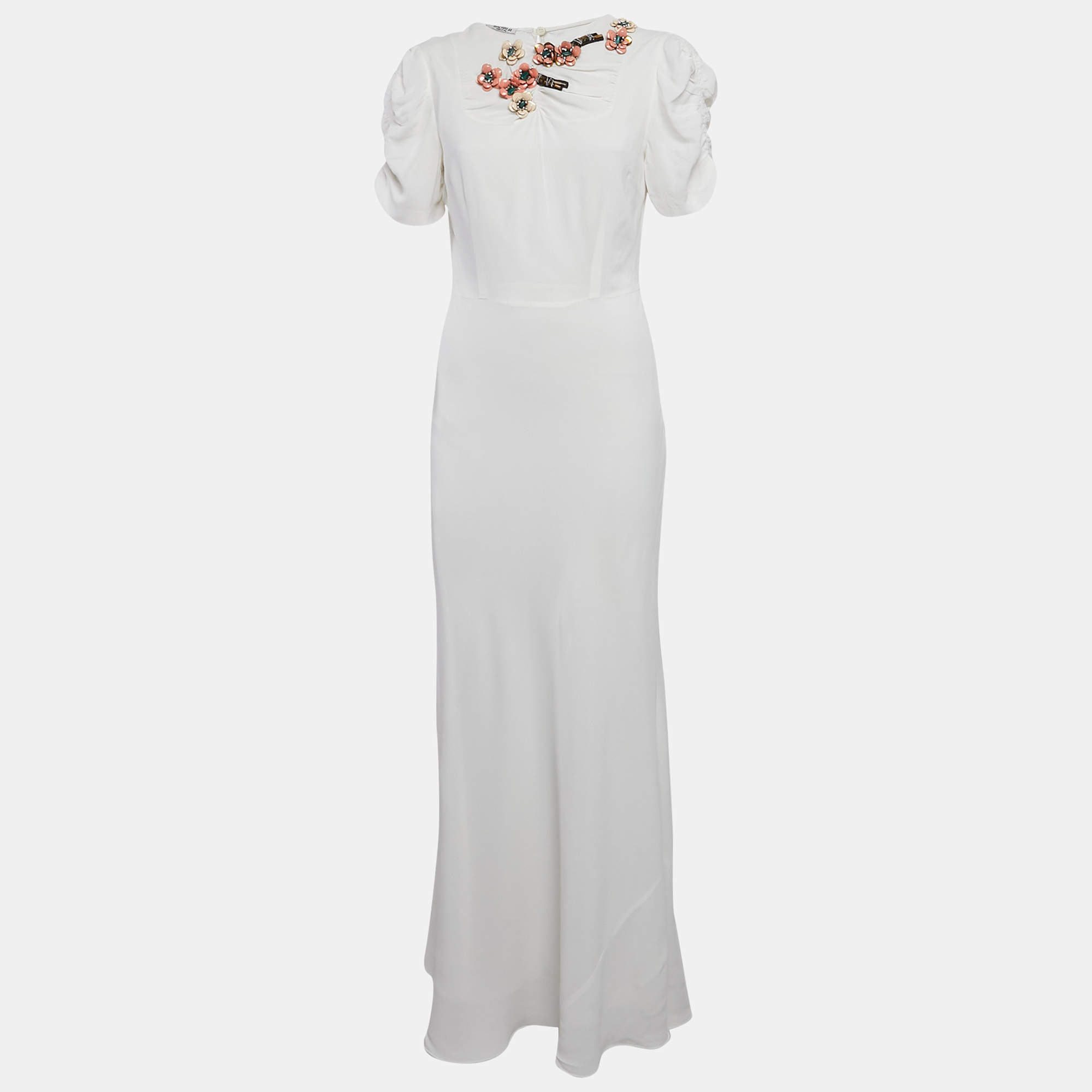 Miu Miu White Floral Embellished Crepe Ruched Sleeve Maxi Dress S