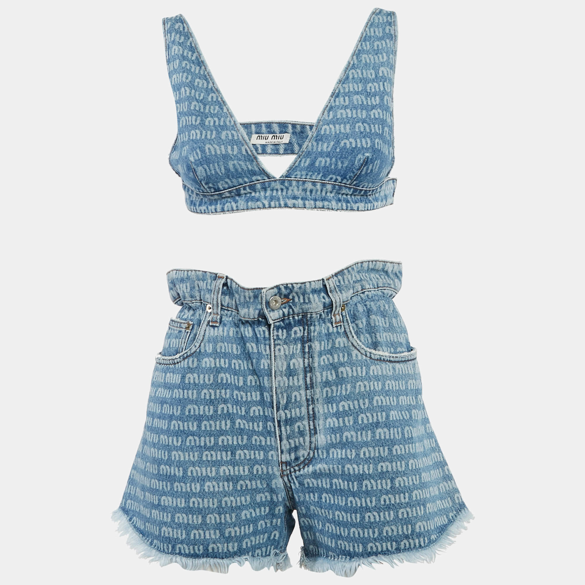 Pre Owned Miu Miu Blue Logo Print Denim Shorts and Top Set S