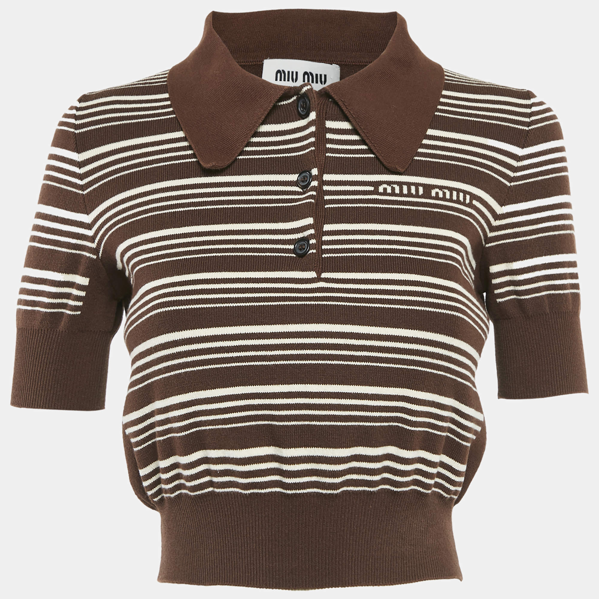 مملوكة مسبقًا Miu Miu Brown Striped Cotton Knit Polo Crop T-Shirt S