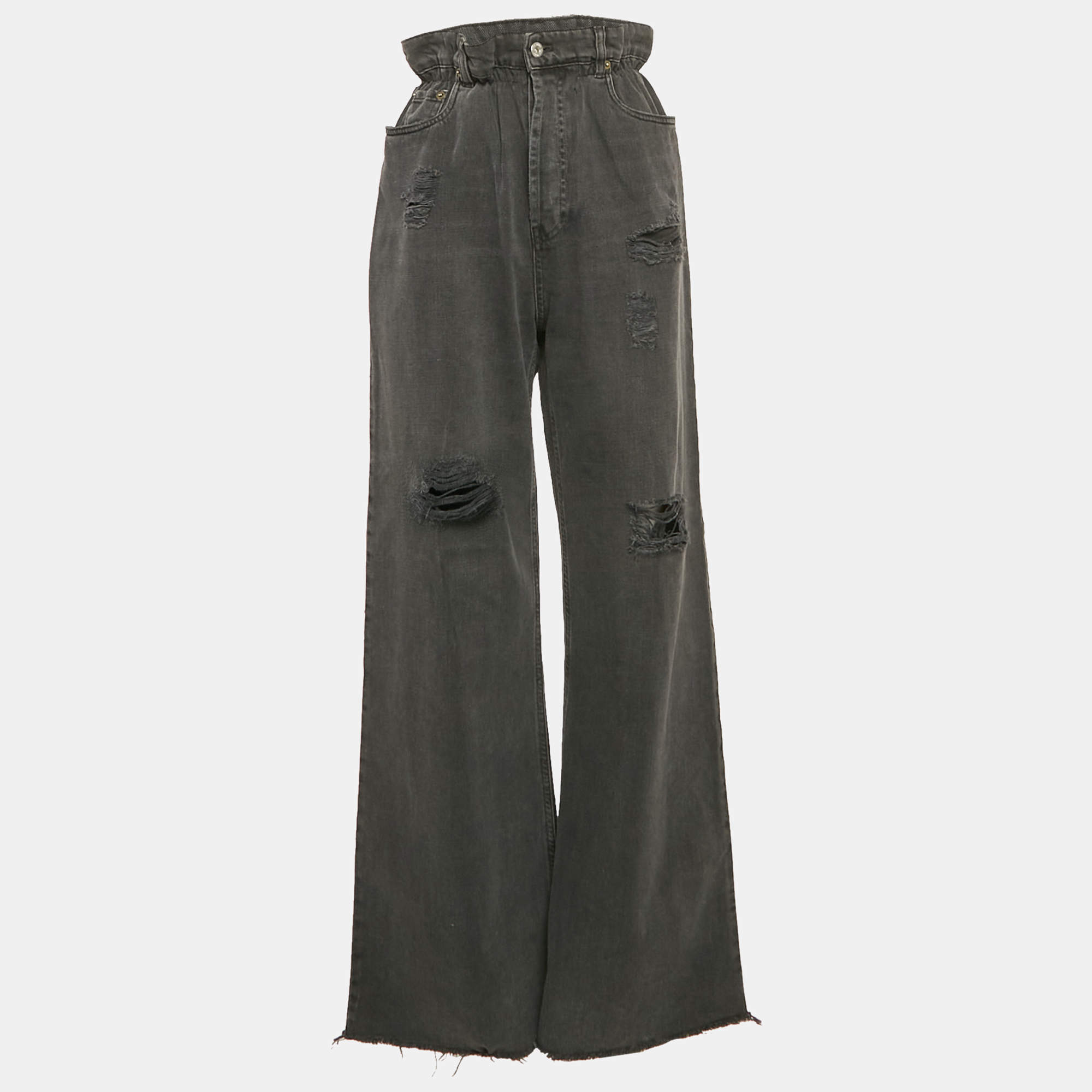 Miu Miu Grey Ripped Denim Elasticated Waist Wide Leg Jeans S Waist 25"
