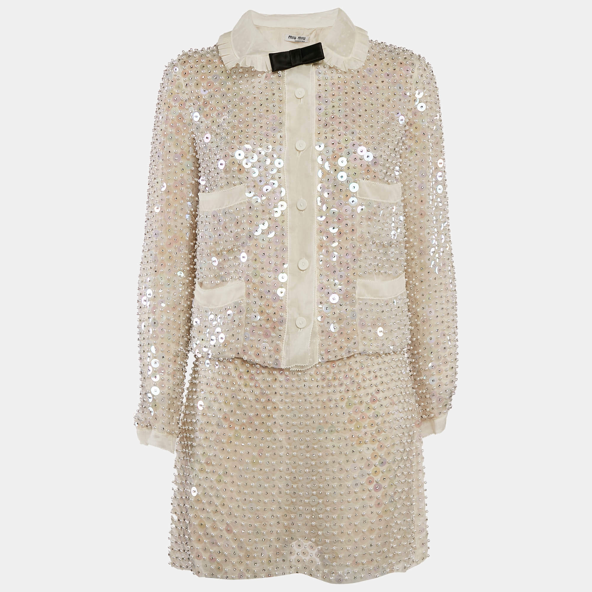 Miu Miu Off-White Embellished Silk Organza Mini Skirt and Top Set S