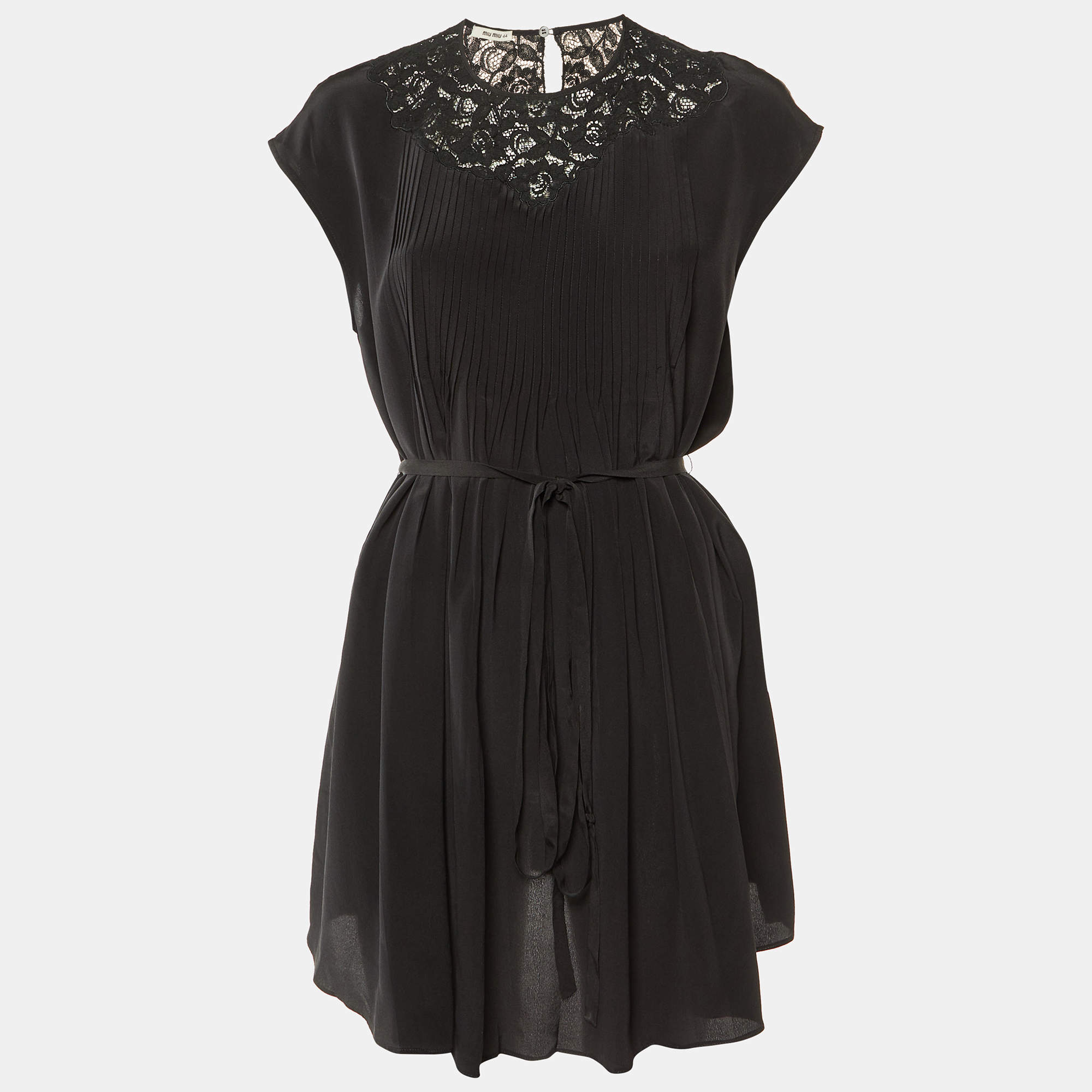 Miu Miu Black Silk & Lace Insert Pintuck Detail Mini Dress M