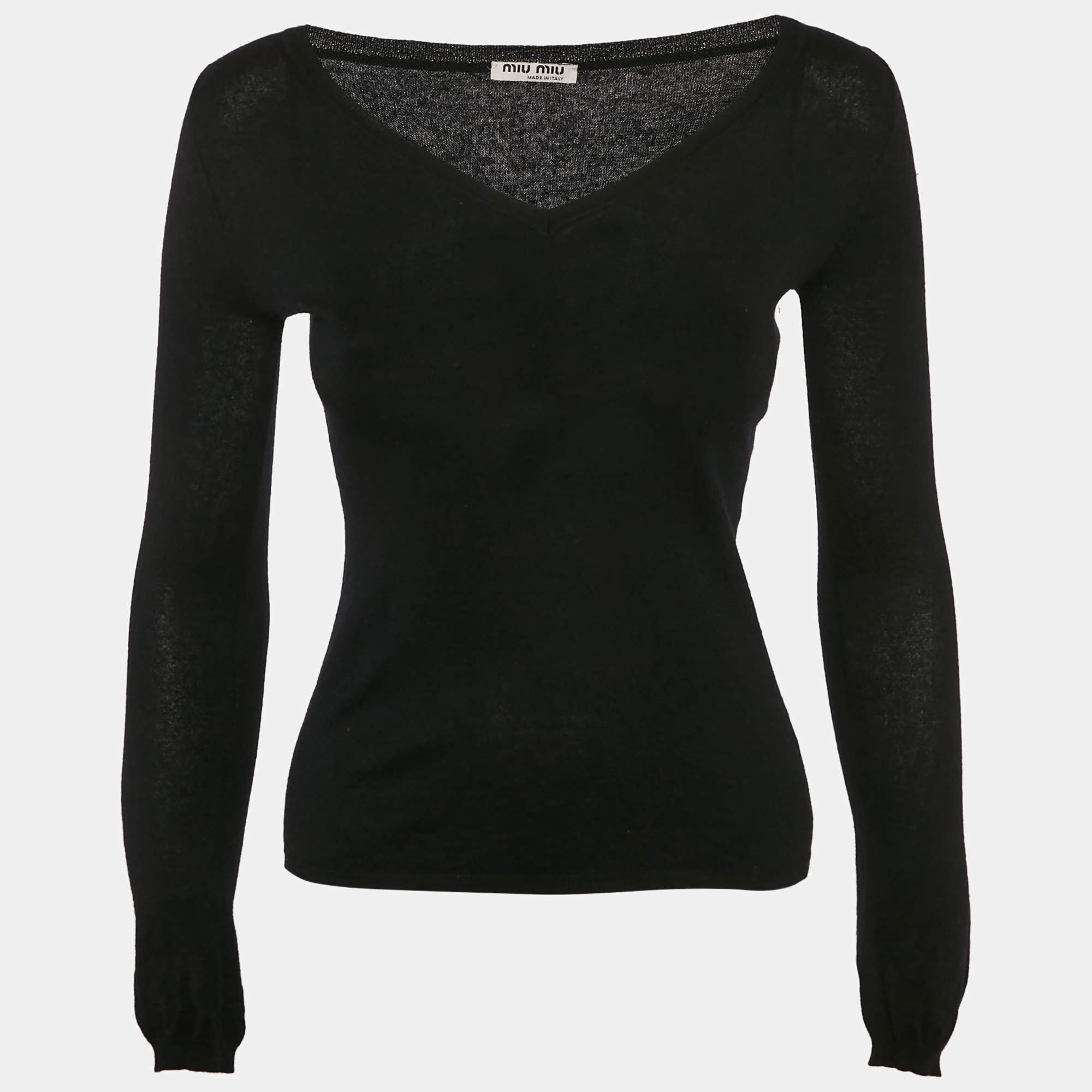 Miu Miu Black Wool Long Sleeve V-Neck Sweater XS