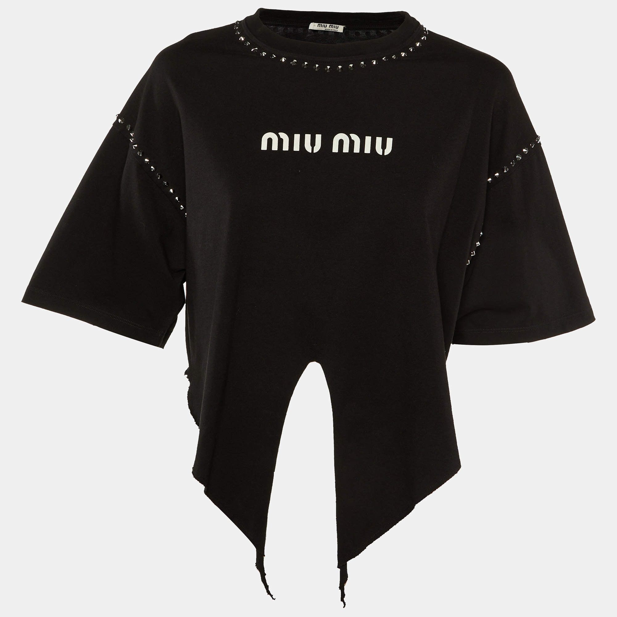 Pre Owned Miu Miu Black Logo Print Cotton Studded Front Tie Crop Top S
