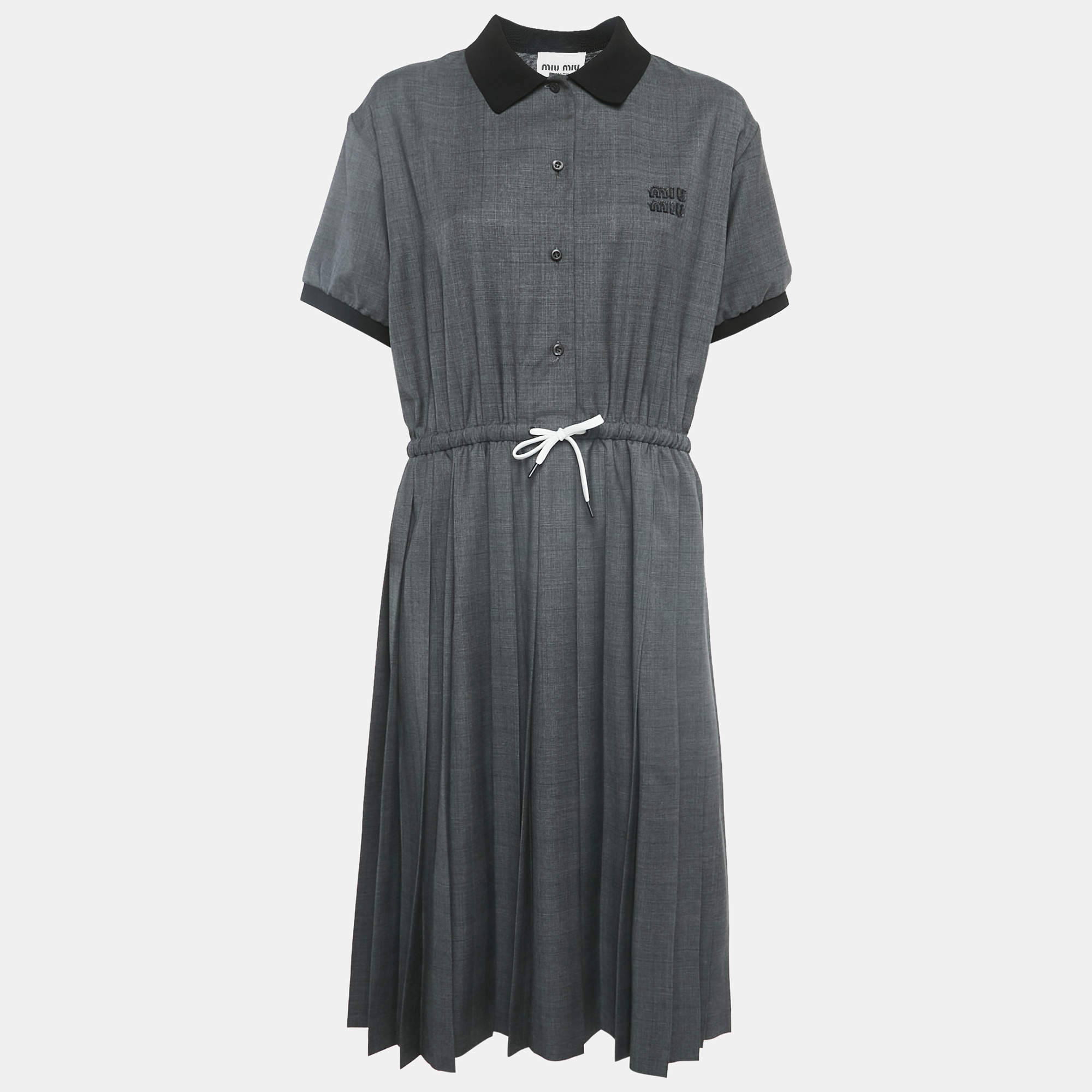 Miu Miu Grey Prince of Wales Check Wool Pleated Midi Dress M