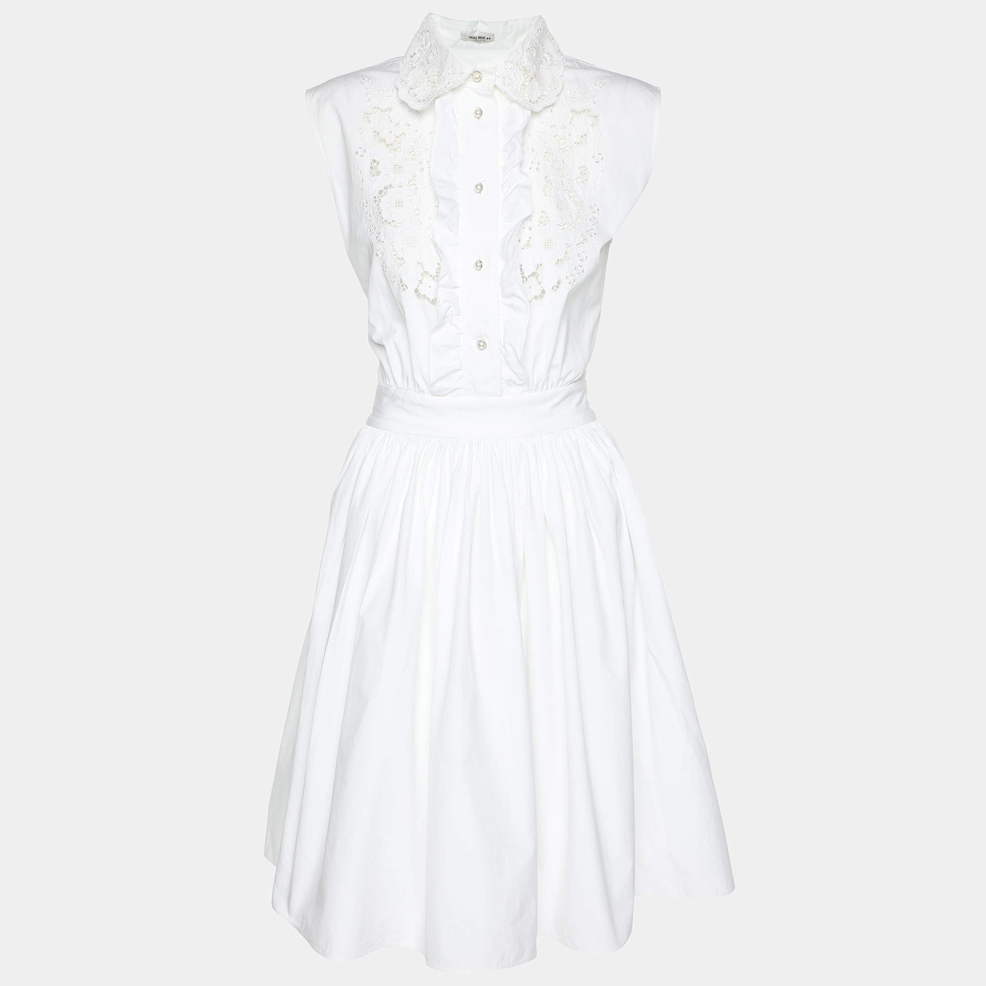 Miu Miu White Cotton Lace Details Midi Dress M