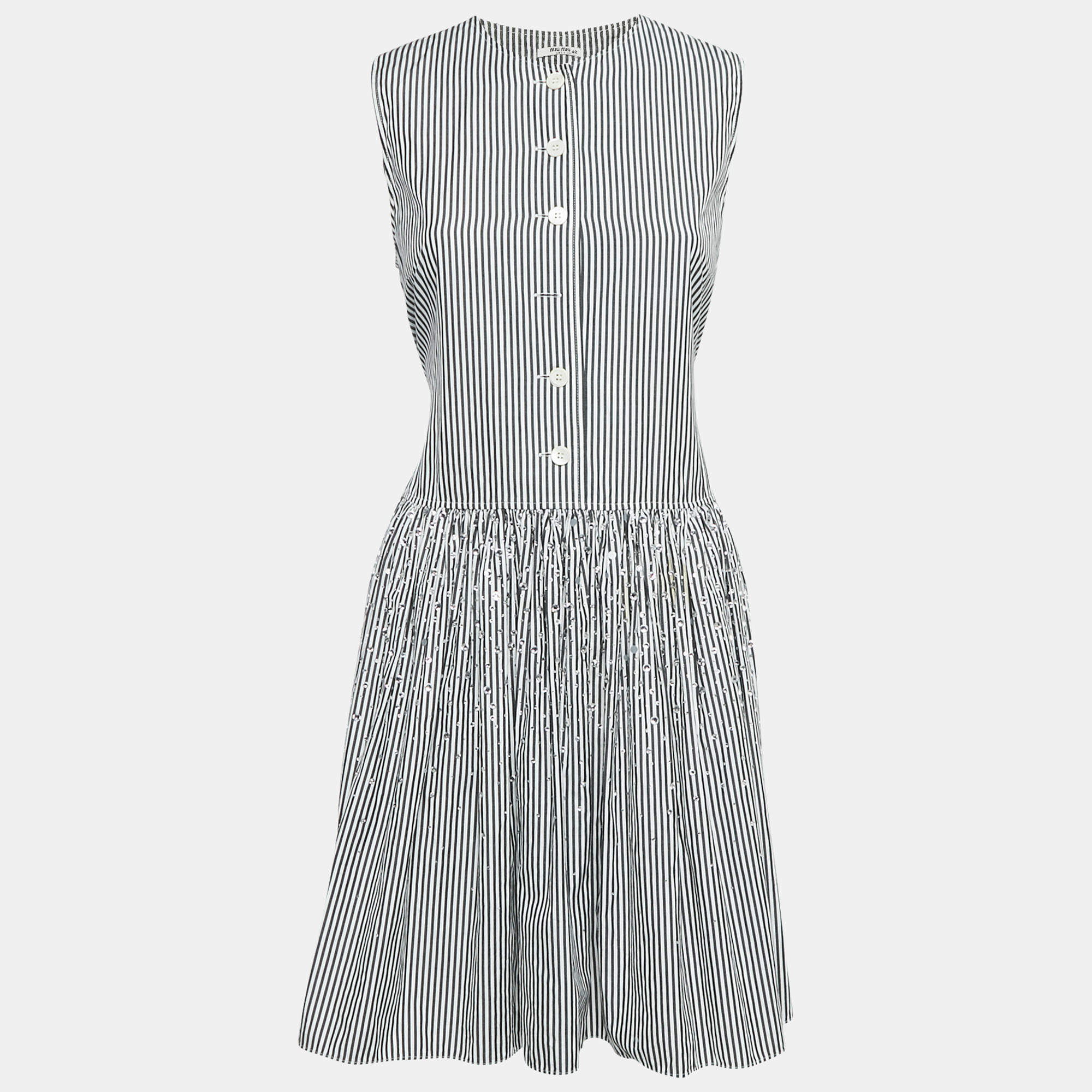 Miu Miu Black/White Striped Cotton Crystal Embellished Dropwaist Dress M
