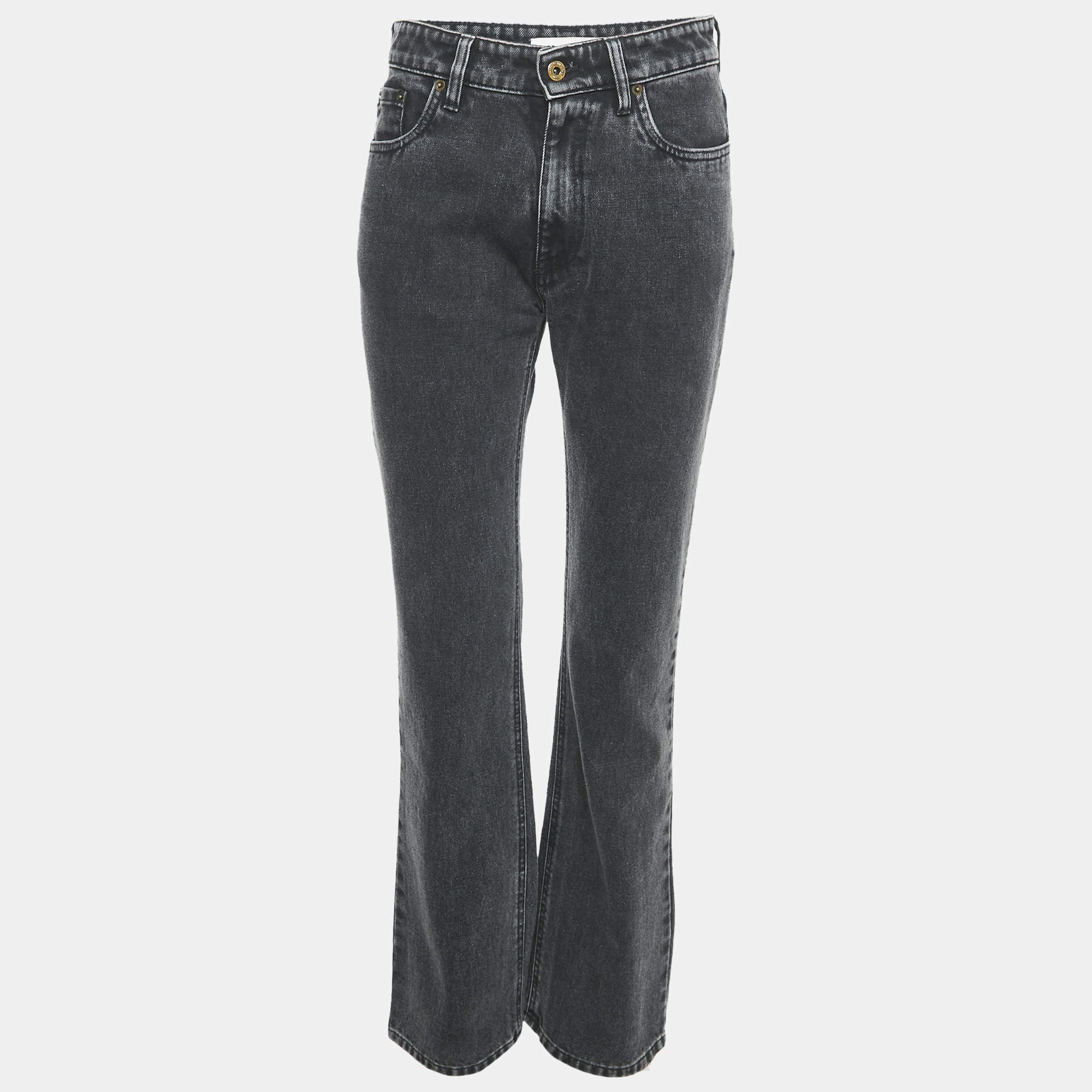 Miu Miu Charcoal Black Logo Applique Denim Straight Leg Jeans S Waist 26"