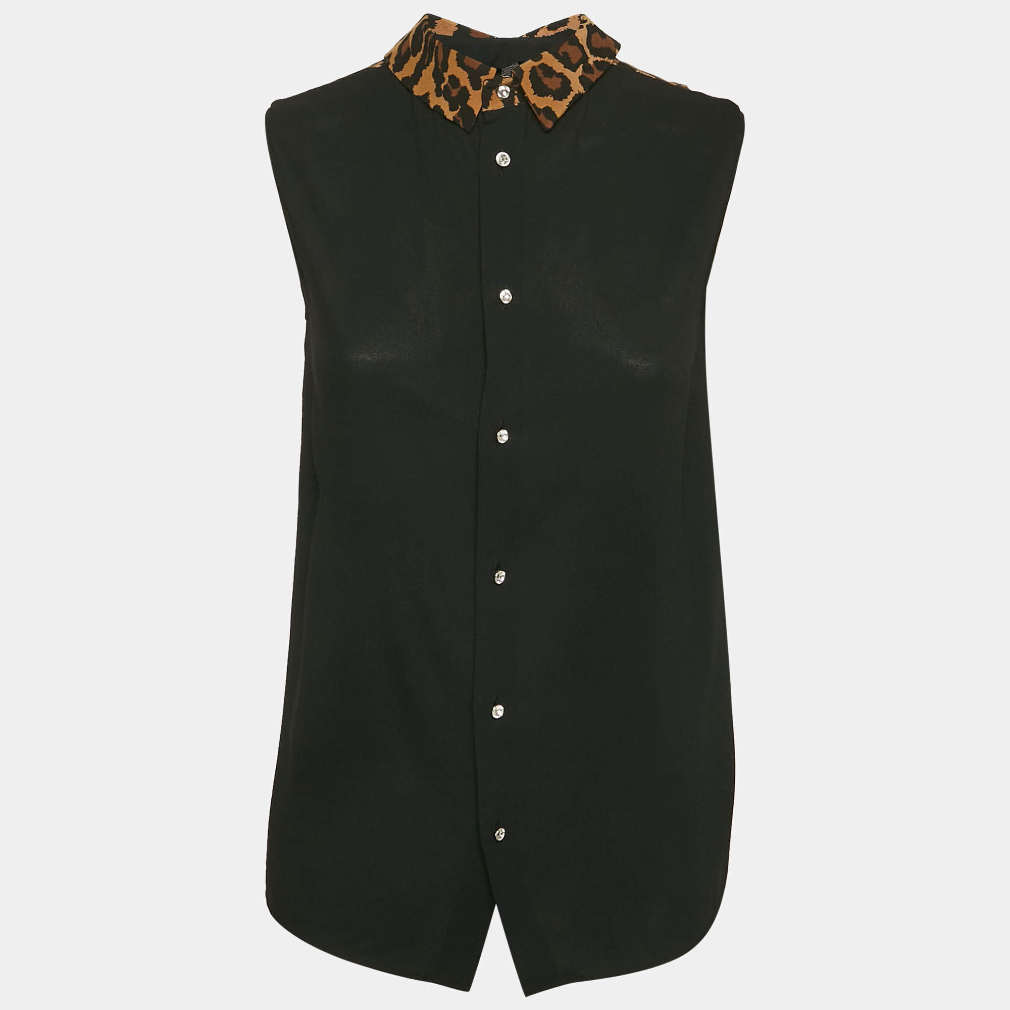 Miu Miu Black Crepe Contrast Collar Detail Sleeveless Top S