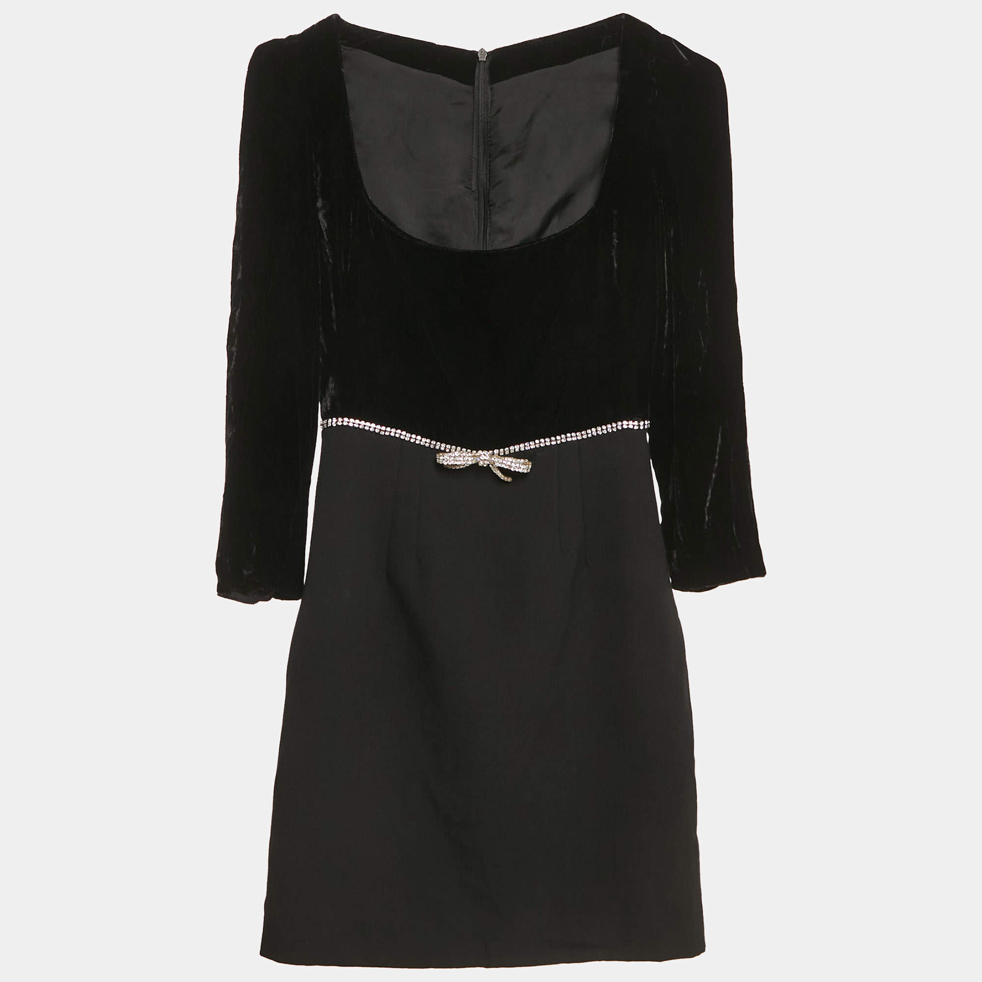 Miu Miu Black Velvet and Wool Crystal Bow Detail Mini Dress XS