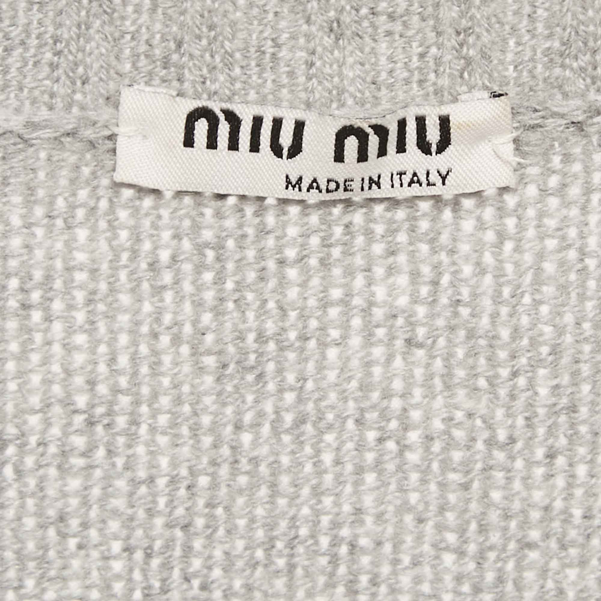 Pre Owned Miu Miu Grey Rib Knit Ruffled Crop Cardigan S