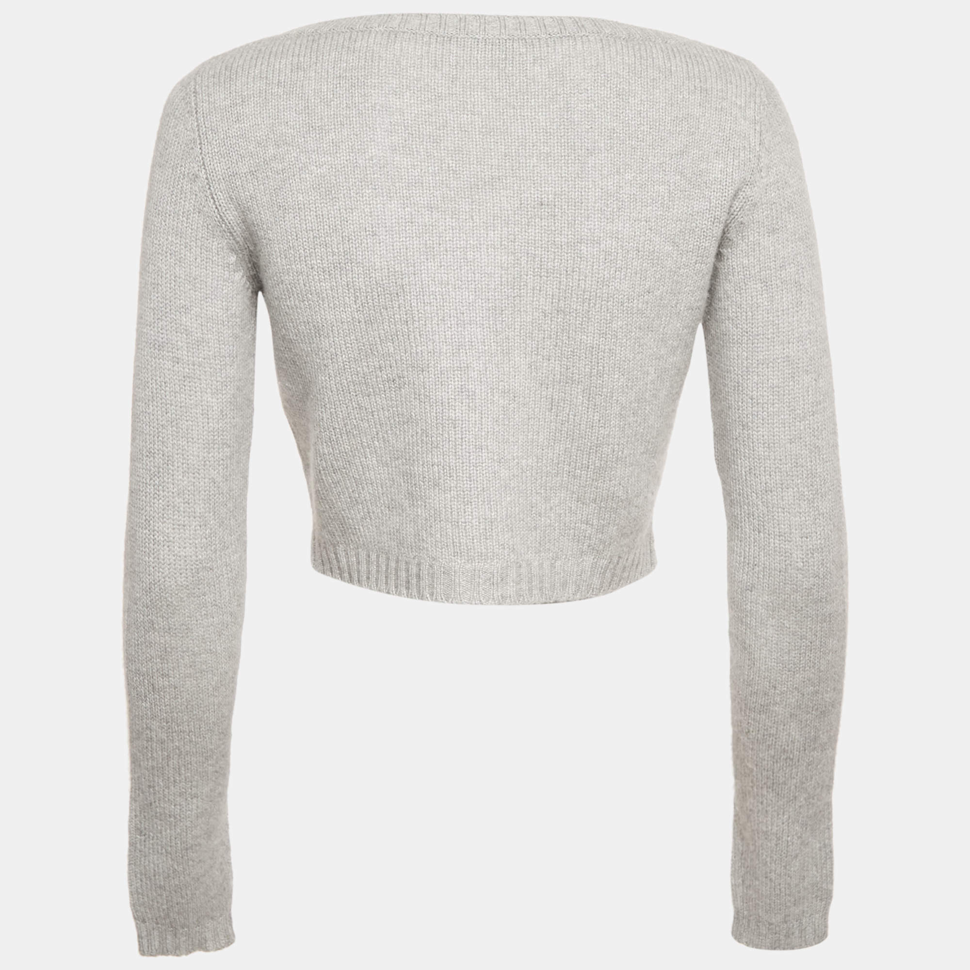 Pre Owned Miu Miu Grey Rib Knit Ruffled Crop Cardigan S