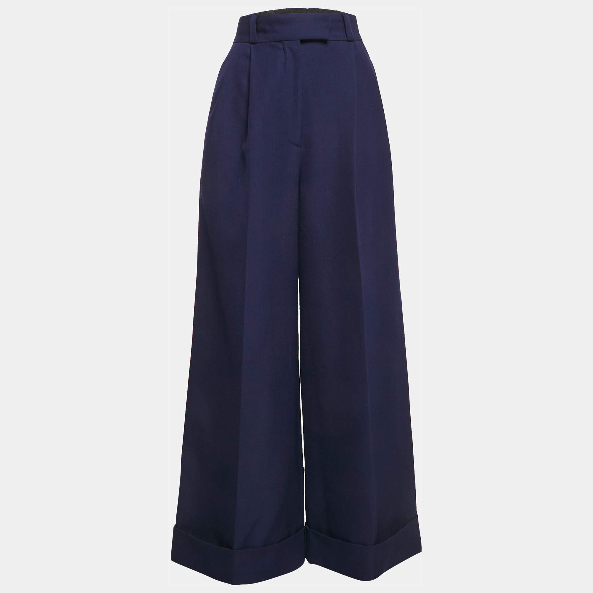 Miu Miu Blue Wool Drill Wide-Leg Pleated Trousers XS