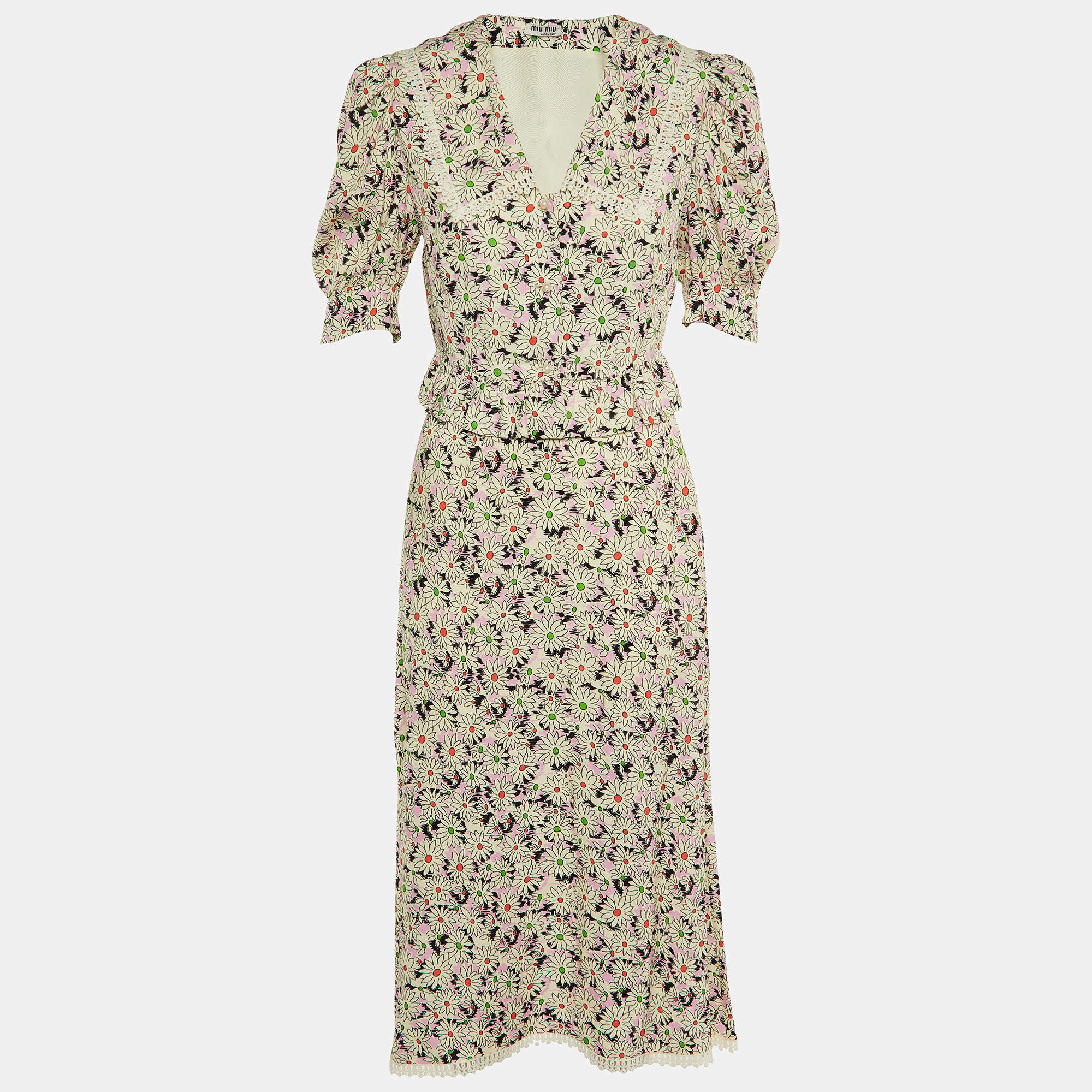 Miu Miu Multicolor Floral Printed Crepe Button Front Top & Midi Skirt Set S
