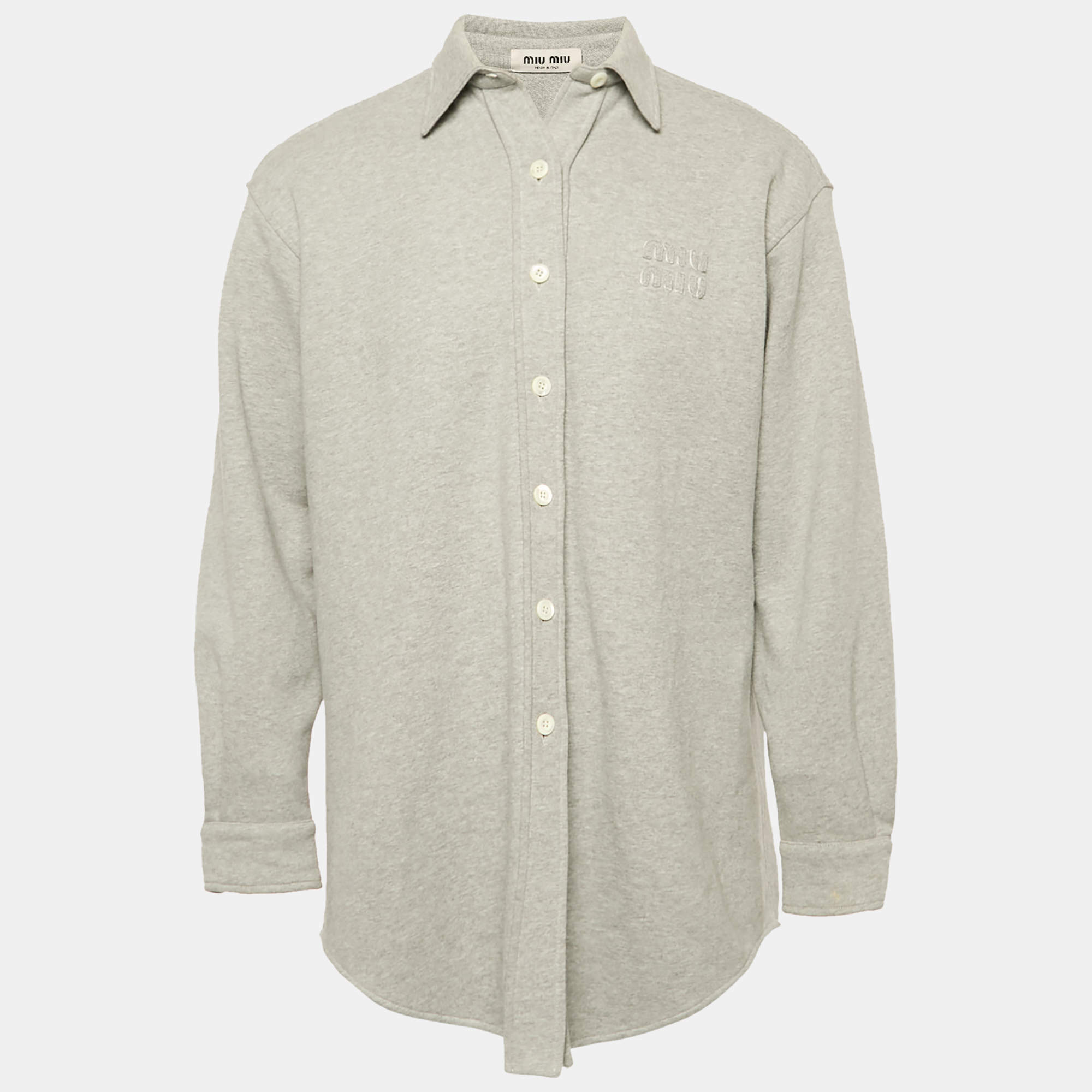 Miu Miu Grey Logo Embroidery Cotton Knit Oversized Shirt S