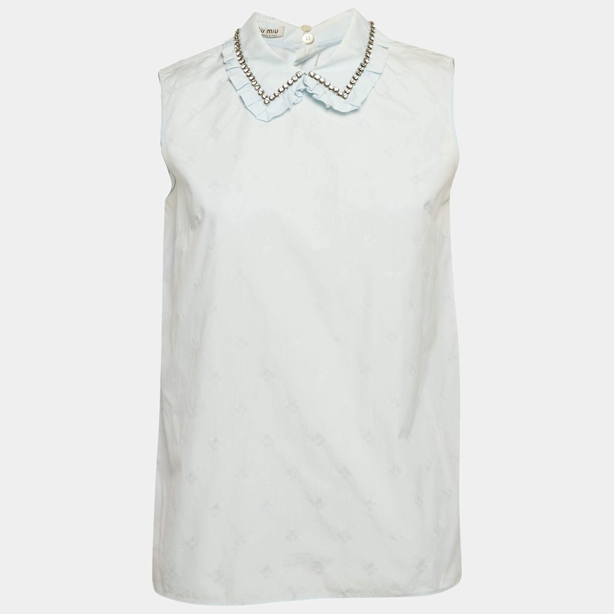 Miu Miu Blue Embroidered Cotton Ruffled Collar Sleeveless Shirt S