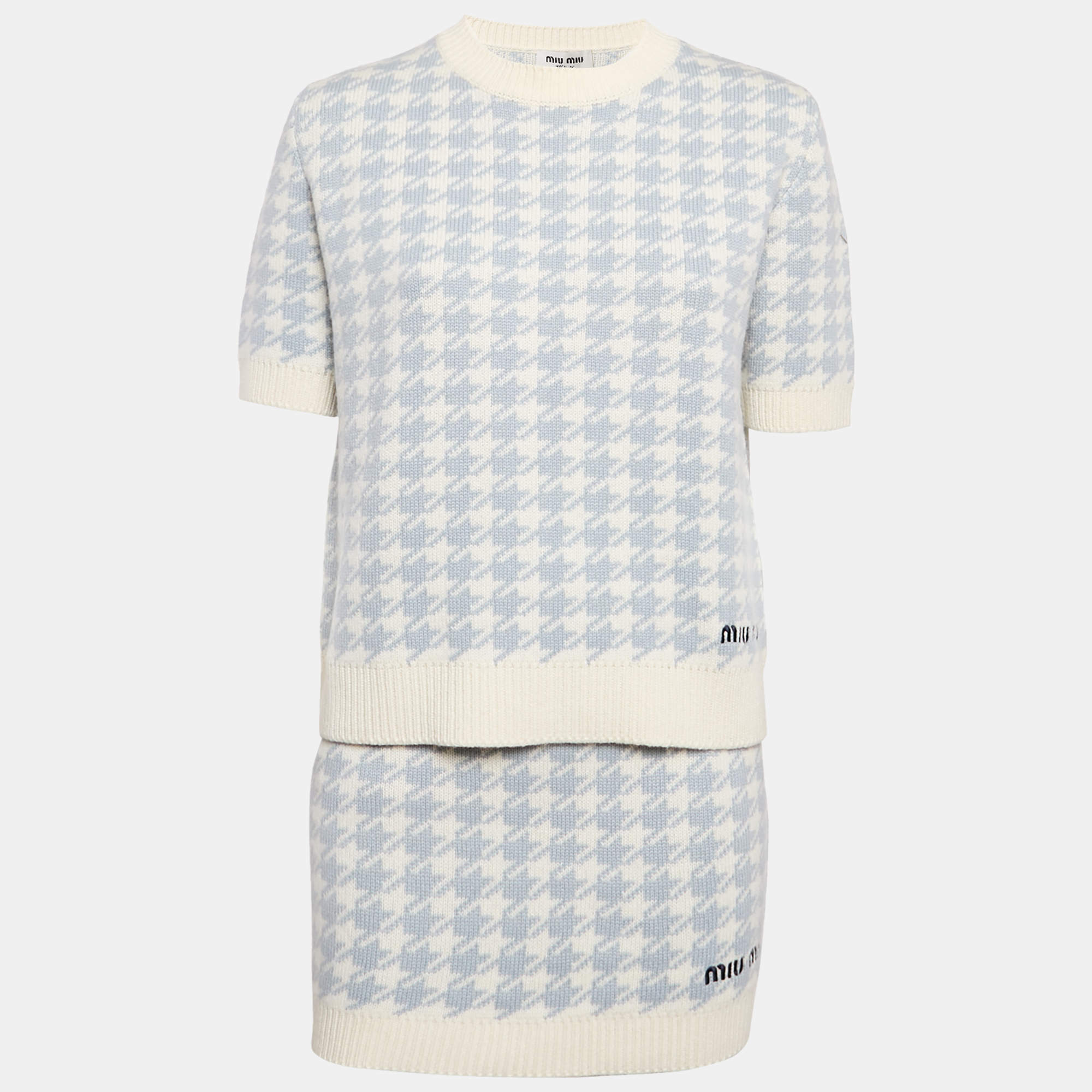 Miu Miu Blue Houndstooth Cashmere Top and Skirt Set S/XS