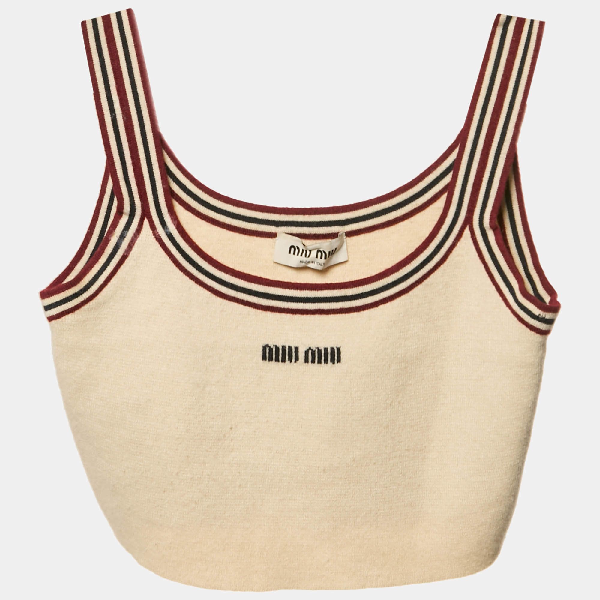 مملوكة مسبقًا Miu Miu Beige Logo Intarsia Cashmere Crop Top M
