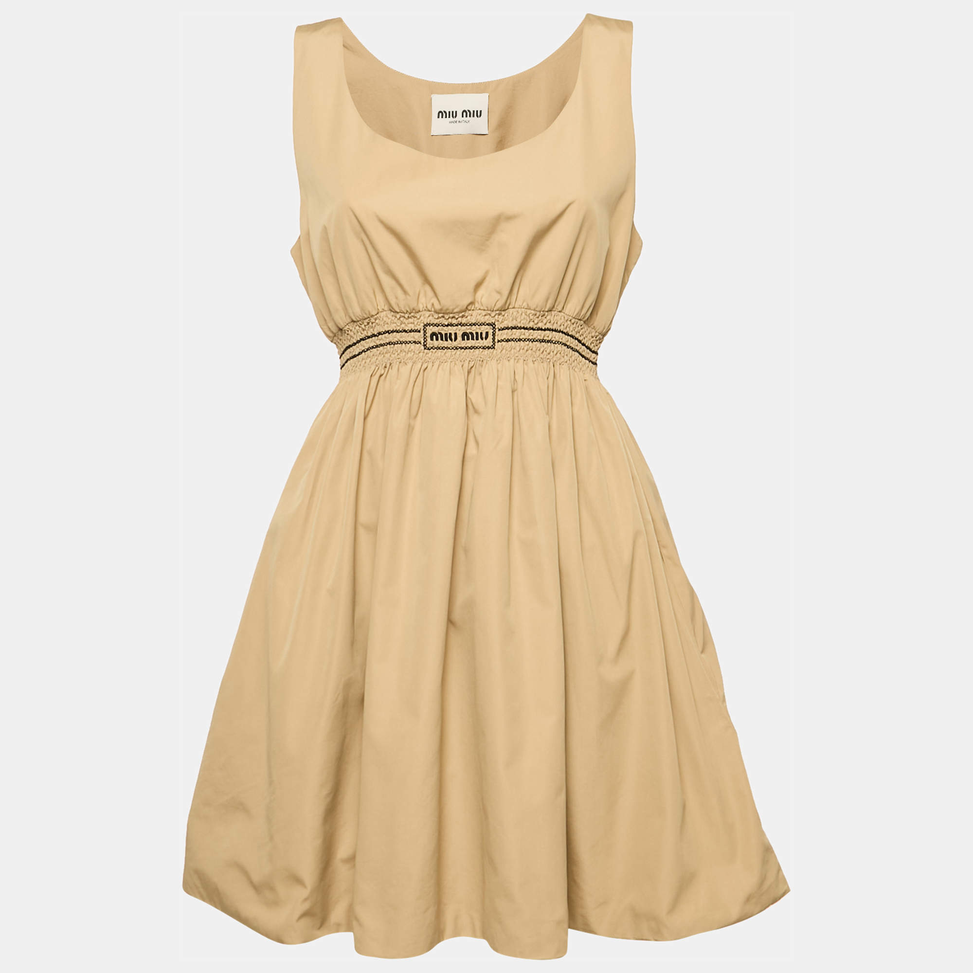 مملوكة مسبقًا Miu Miu Dark Beige Smocked Sleeveless Mini Dress S