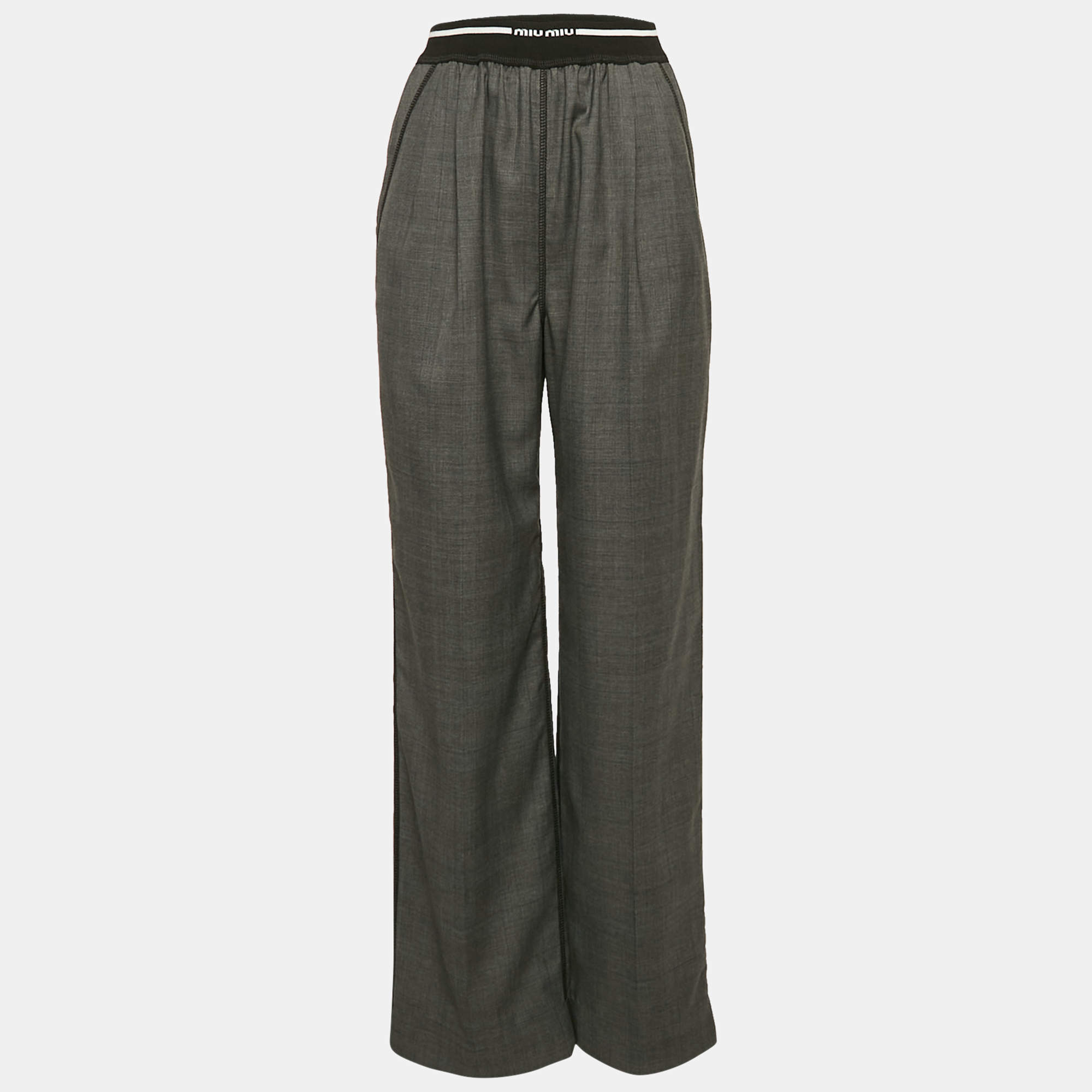 Pre Owned Miu Miu Grey Logo Ribbed Waistband Wool Trousers S