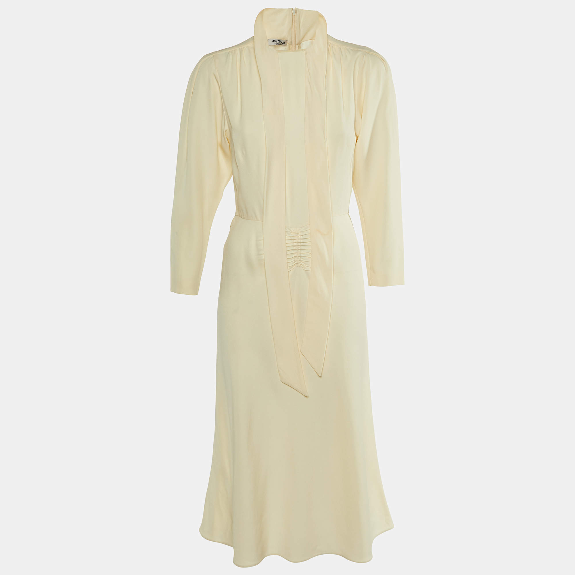 Miu Miu Cream Crepe Neck Tie Detail Midi Dress M