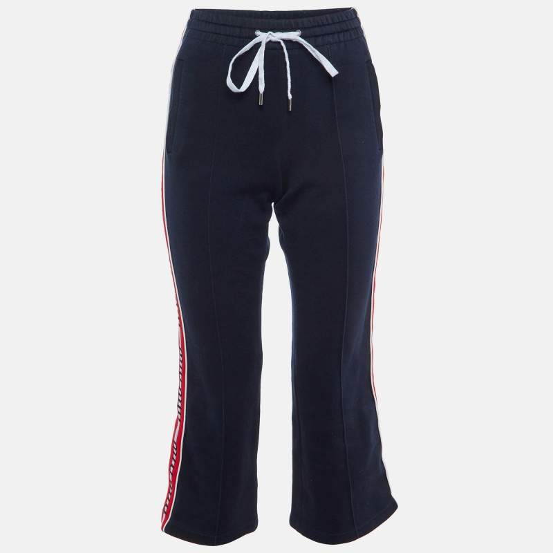 Pre Owned Miu Miu Navy Blue Cotton Knit Side Strip Detail Track Pants M