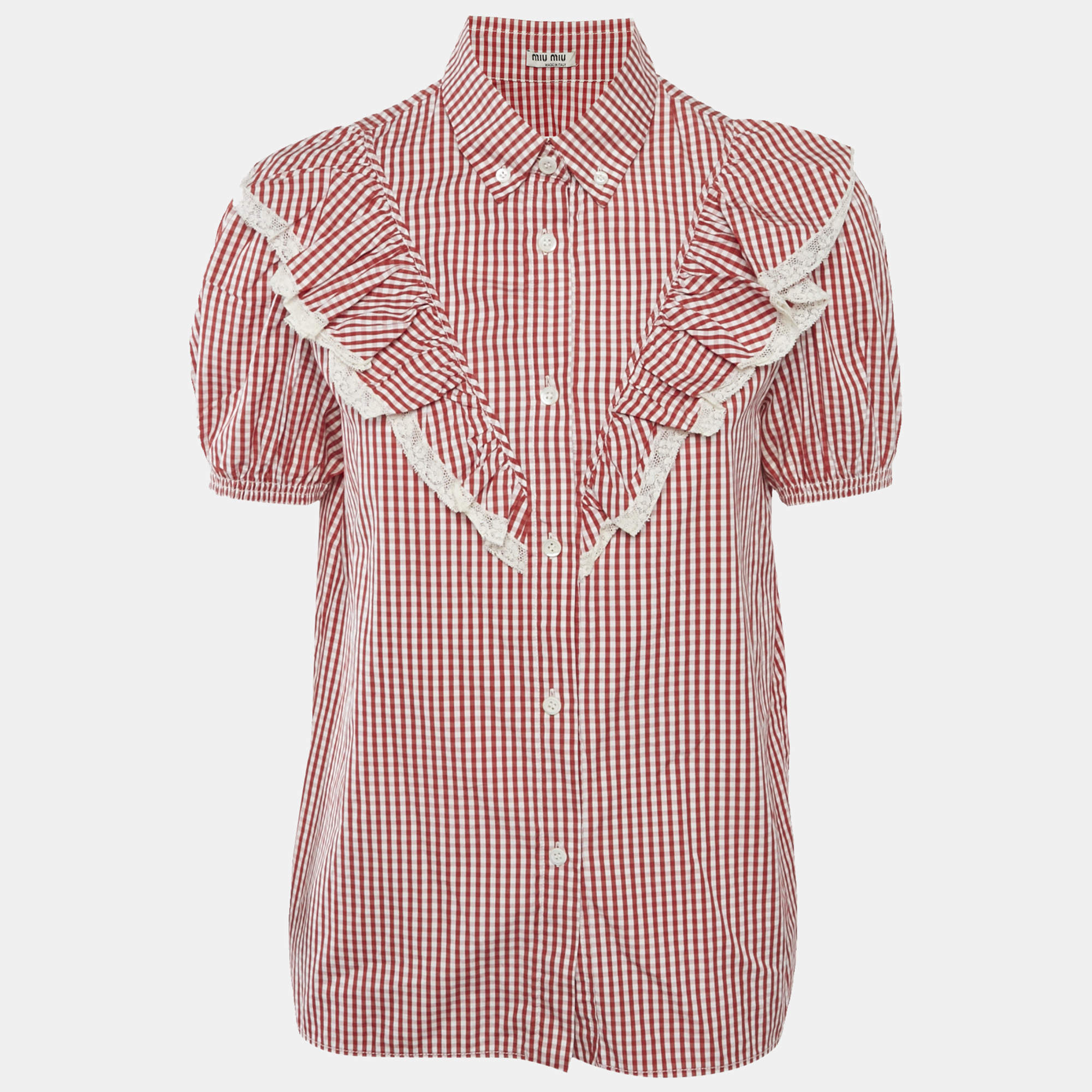 Miu Miu Red/White Cotton Gingham Ruffled Button Front Blouse M