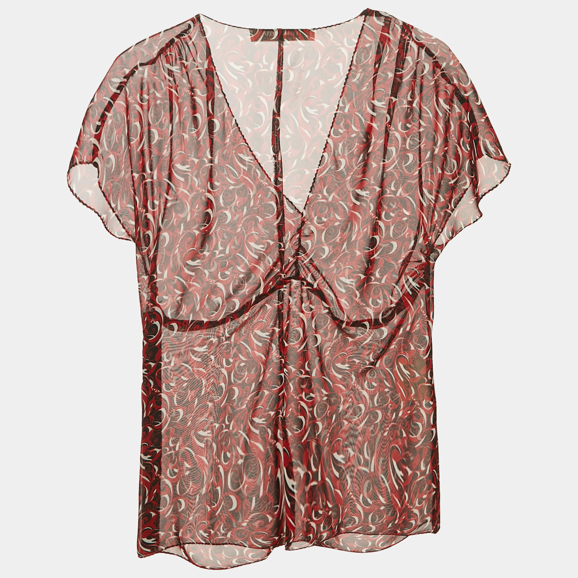 Miu Miu Vintage Red Printed Chiffon Ruche Top M