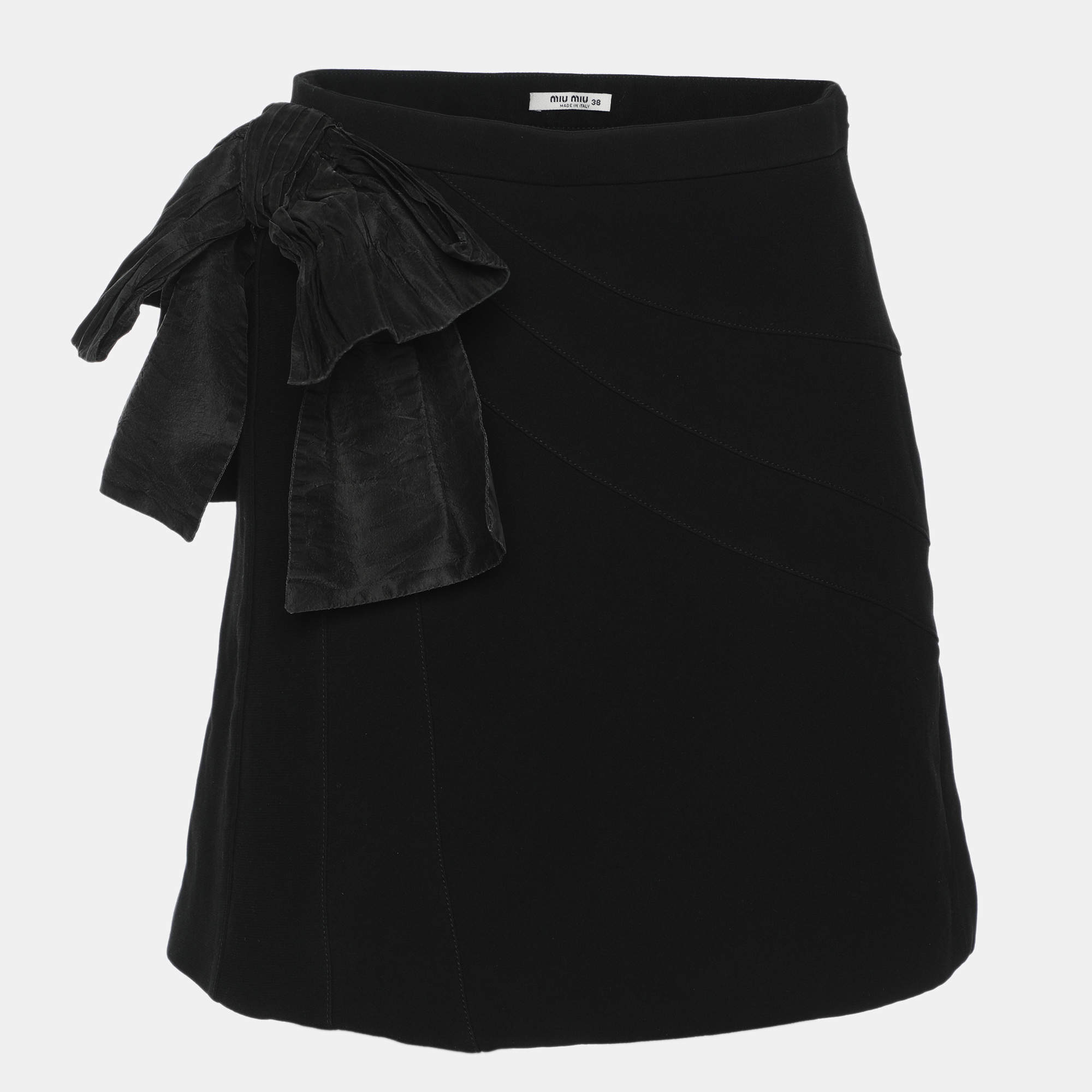 Pre Owned Miu Miu Black Crepe Bow Mini Skirt S