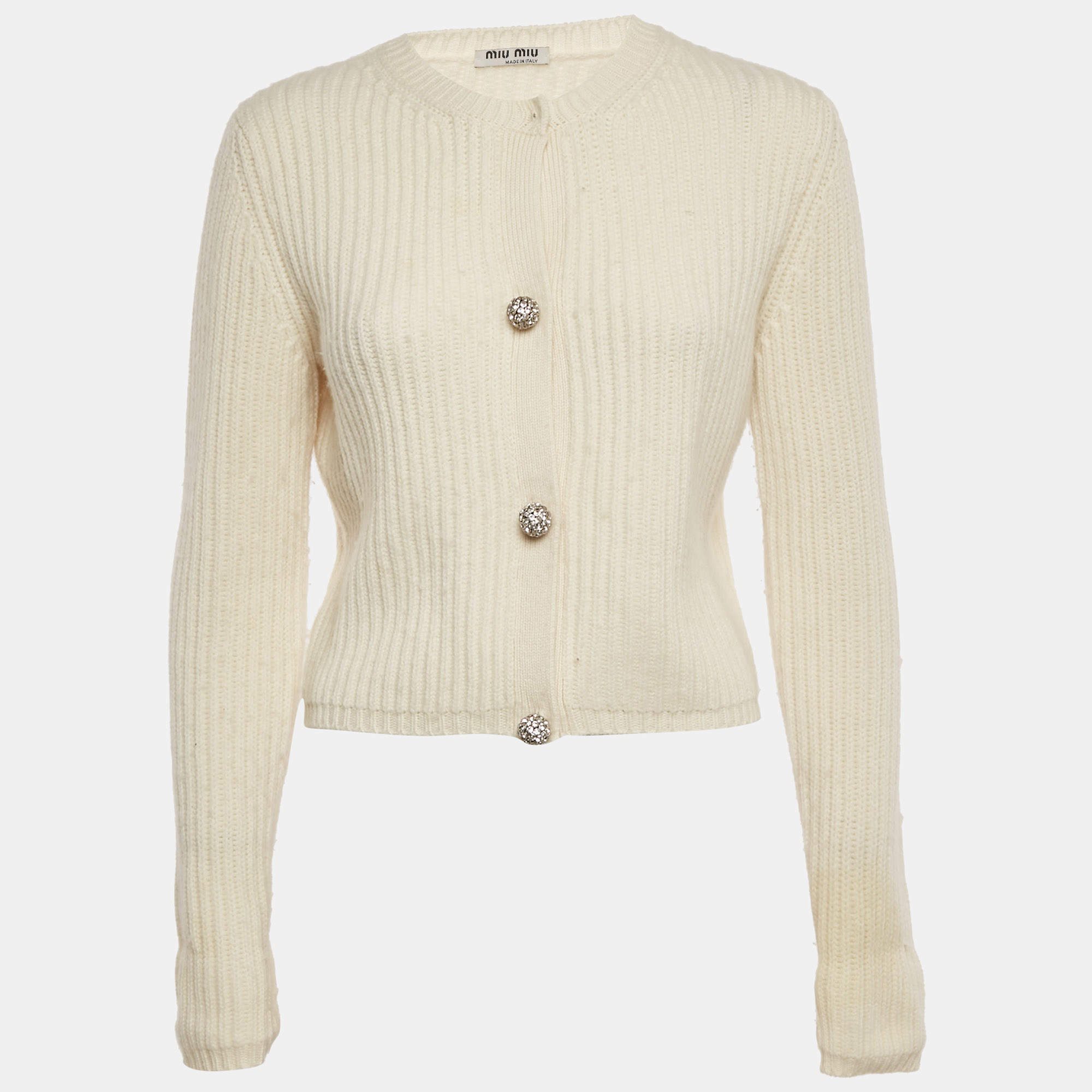 Miu Miu Cream Rib Knit Closure Detail Cardigan S Miu Miu