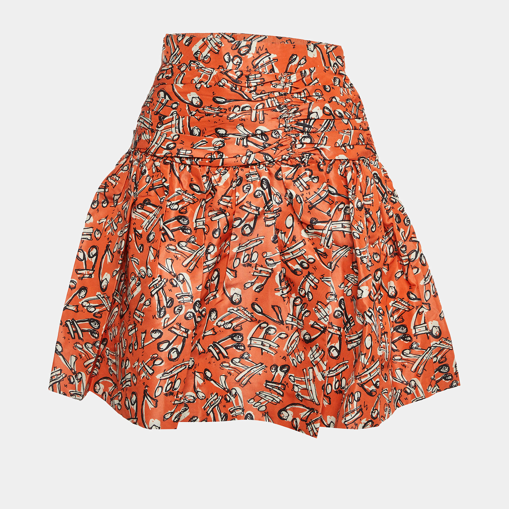 Pre Owned Miu Miu Orange Printed Silk Pleated Mini Skirt S