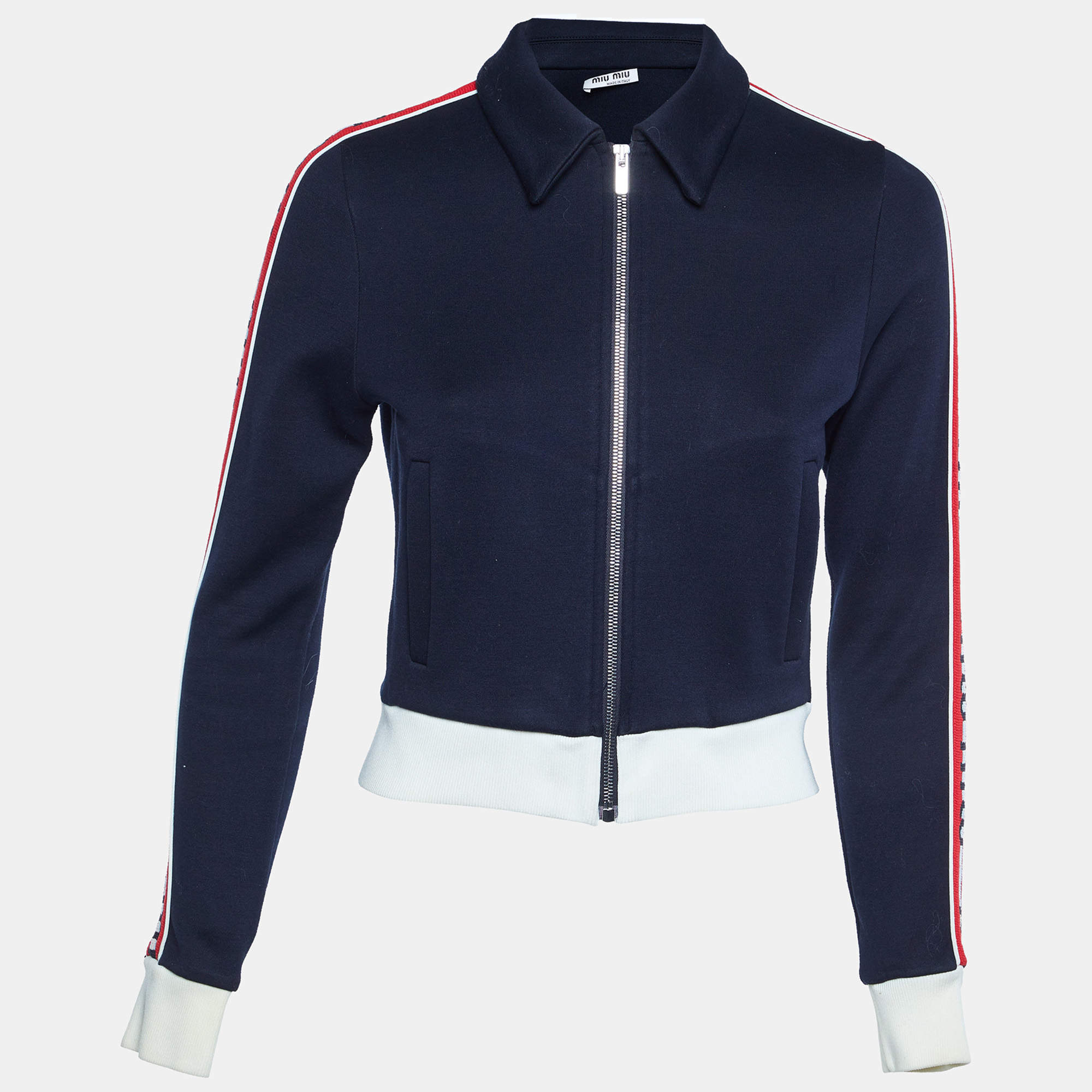 Pre Owned Miu Miu Navy Blue Cotton Blend Logo Tape Knit Zip Up Jacket M