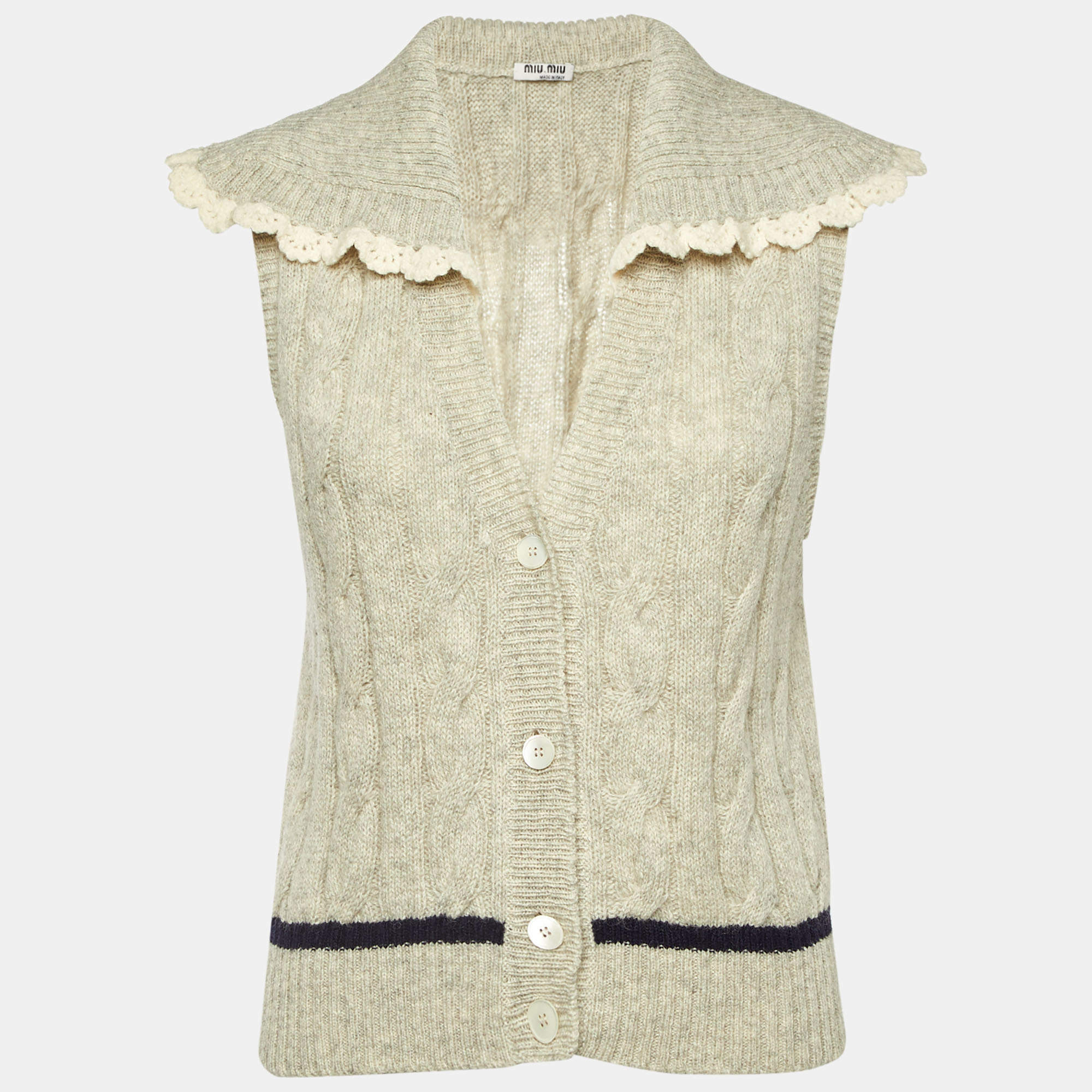 Pre Owned Miu Miu Ecru Cable Knit Sleeveless Top S