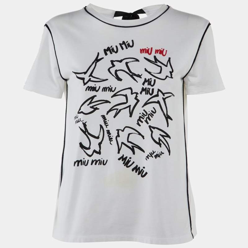 Pre Owned Miu Miu White Bird Print Cotton Knit Tie-Up Detail Top S