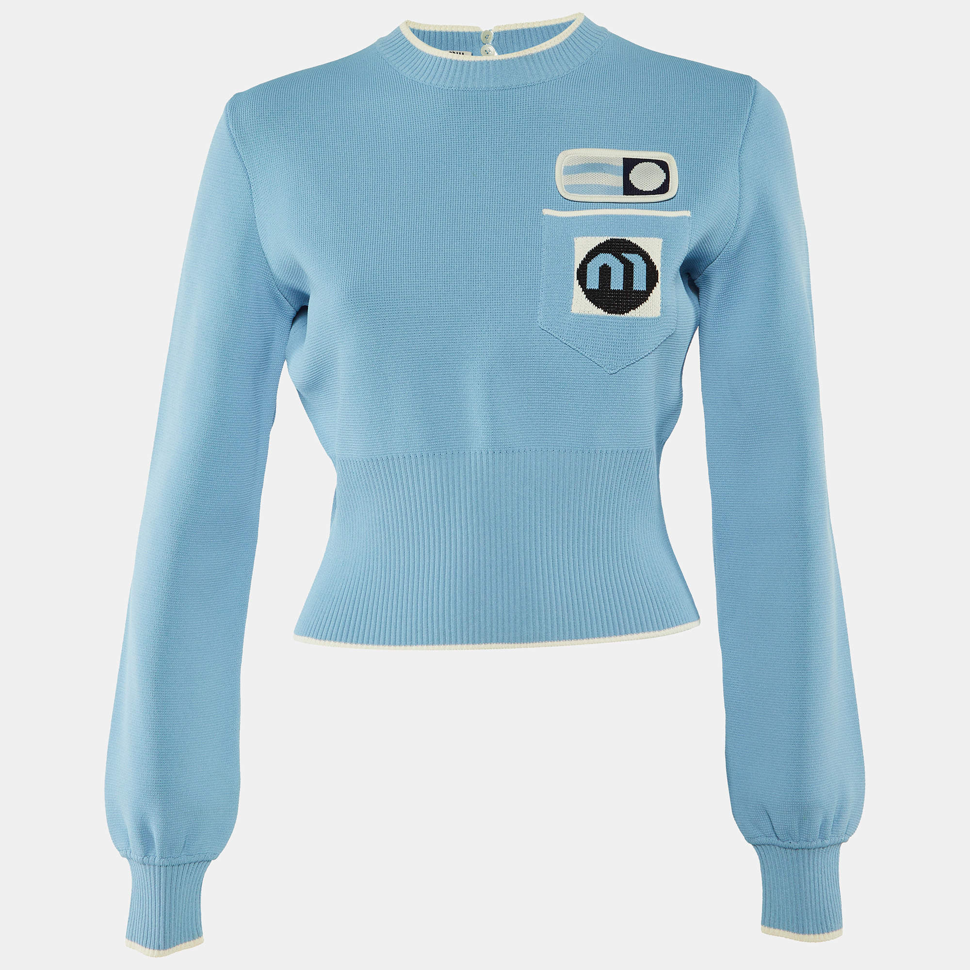 Pre Owned Miu Miu Blue Knit Intarsia Logo Detail Long Sleeve Top S