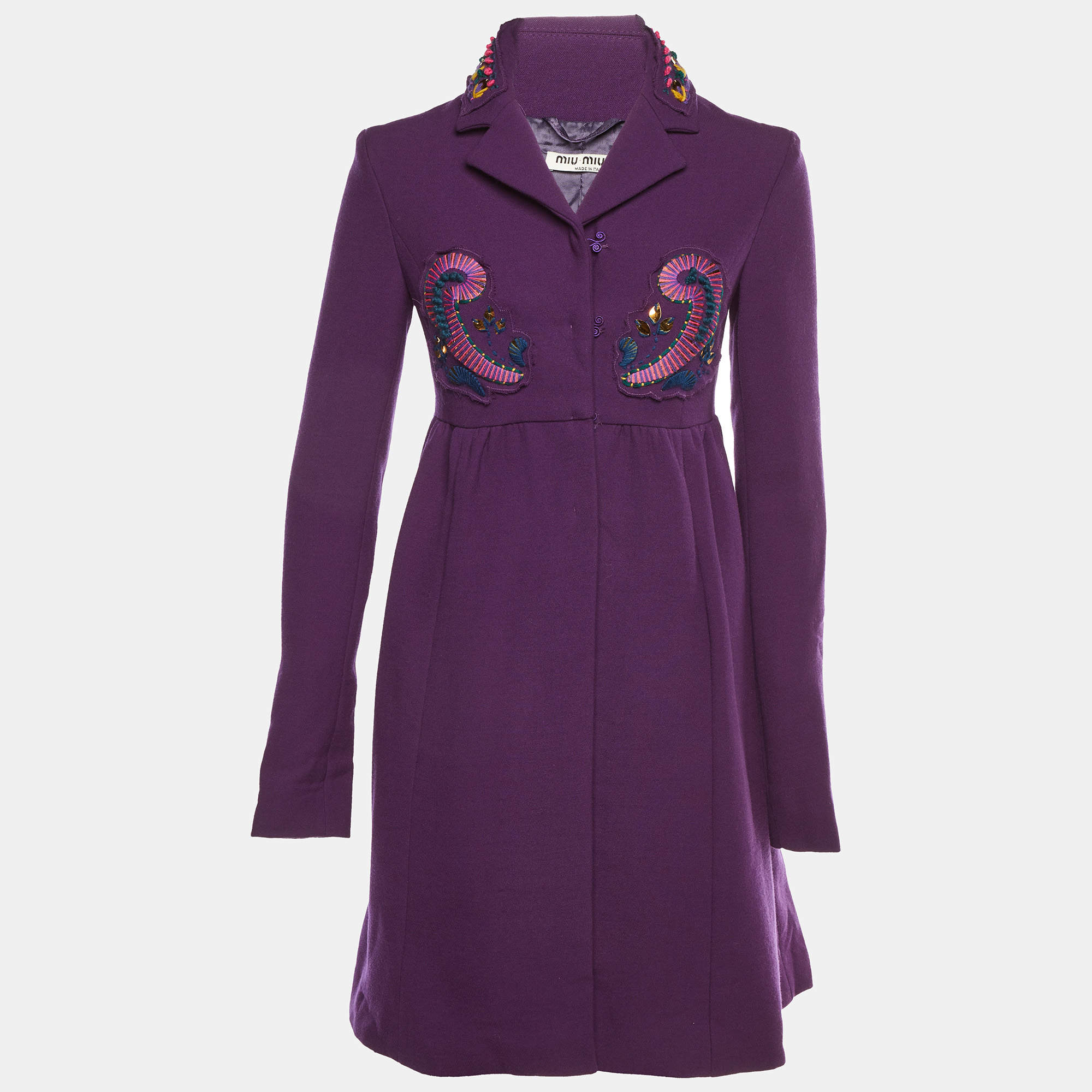 Pre Owned Miu Miu Purple Wool Embellished Long Sleeve Coat S