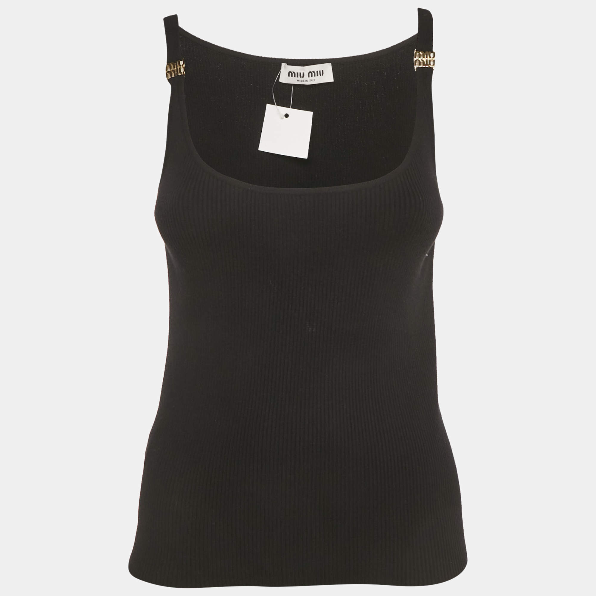 Pre Owned Miu Miu Black Rib Knit Logo Detail Strap Tank Top M