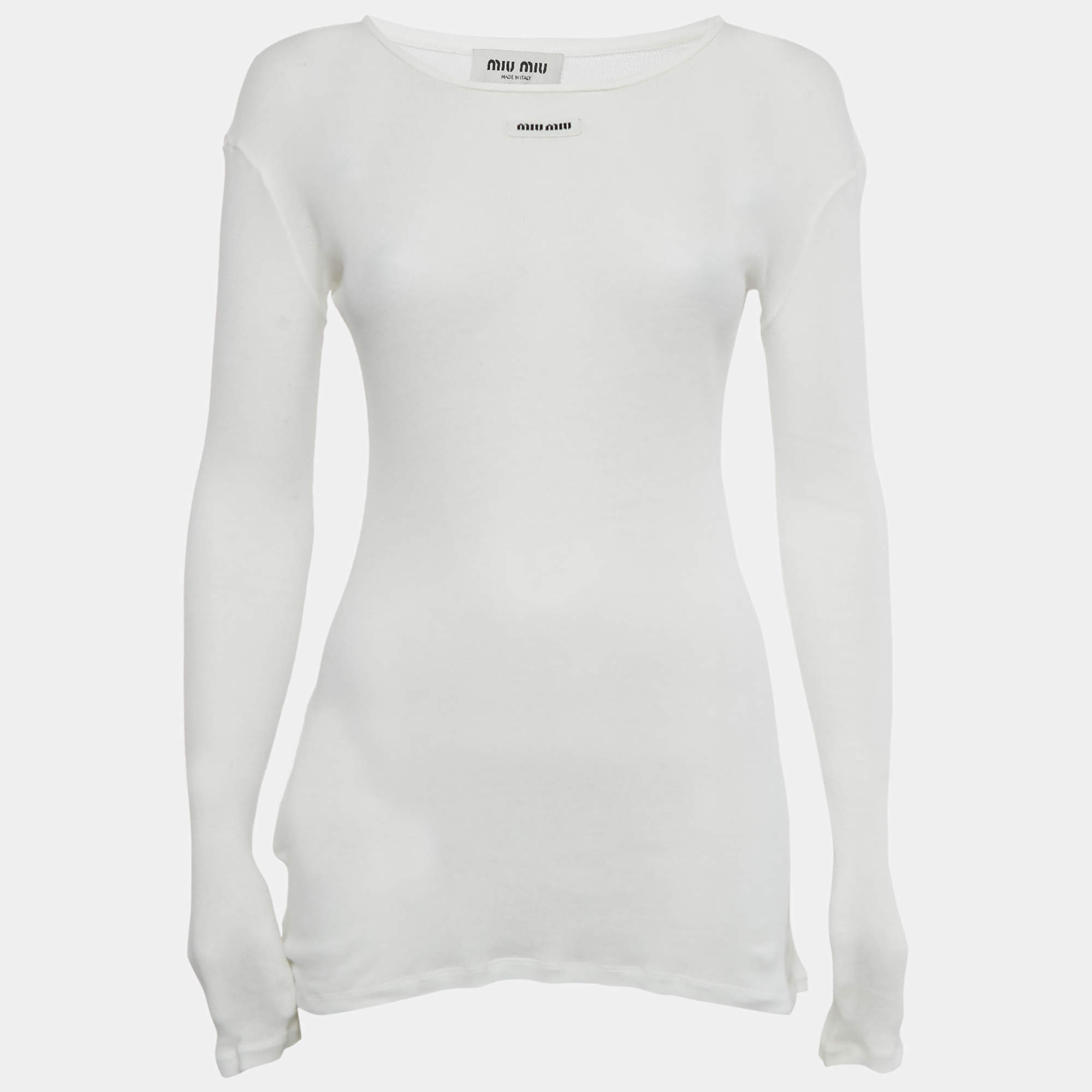 Pre Owned Miu Miu White Logo Applique Rib Knit Top XS