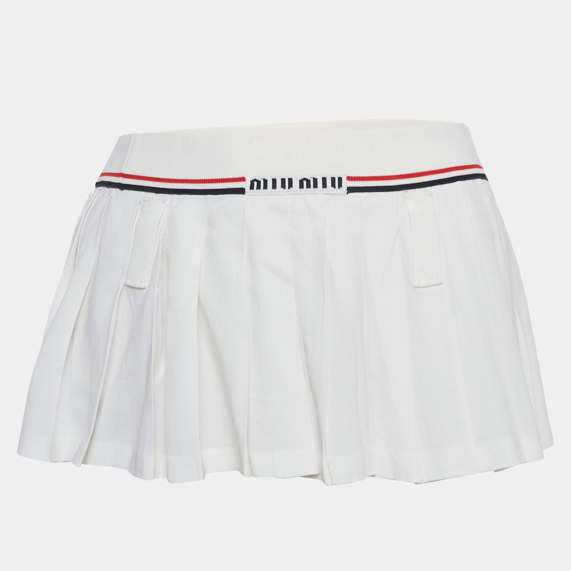 Pre Owned Miu Miu White Crepe Rib Waist Pleated Micro Skirt S